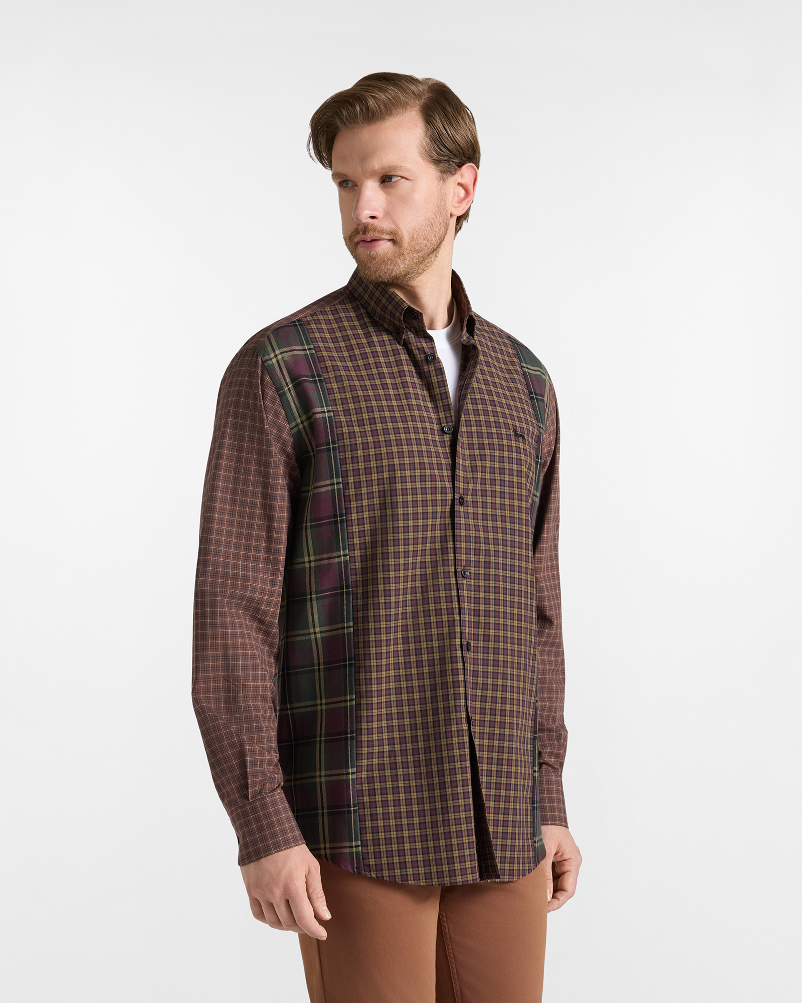 Men's classic fit brown pop check patchwork shirt