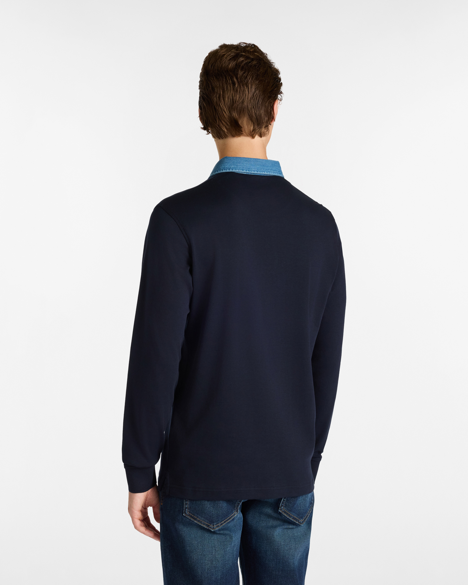 Polo Manica Lunga in Cotone con Collo in Denim, Blu Scuro, large image number 1