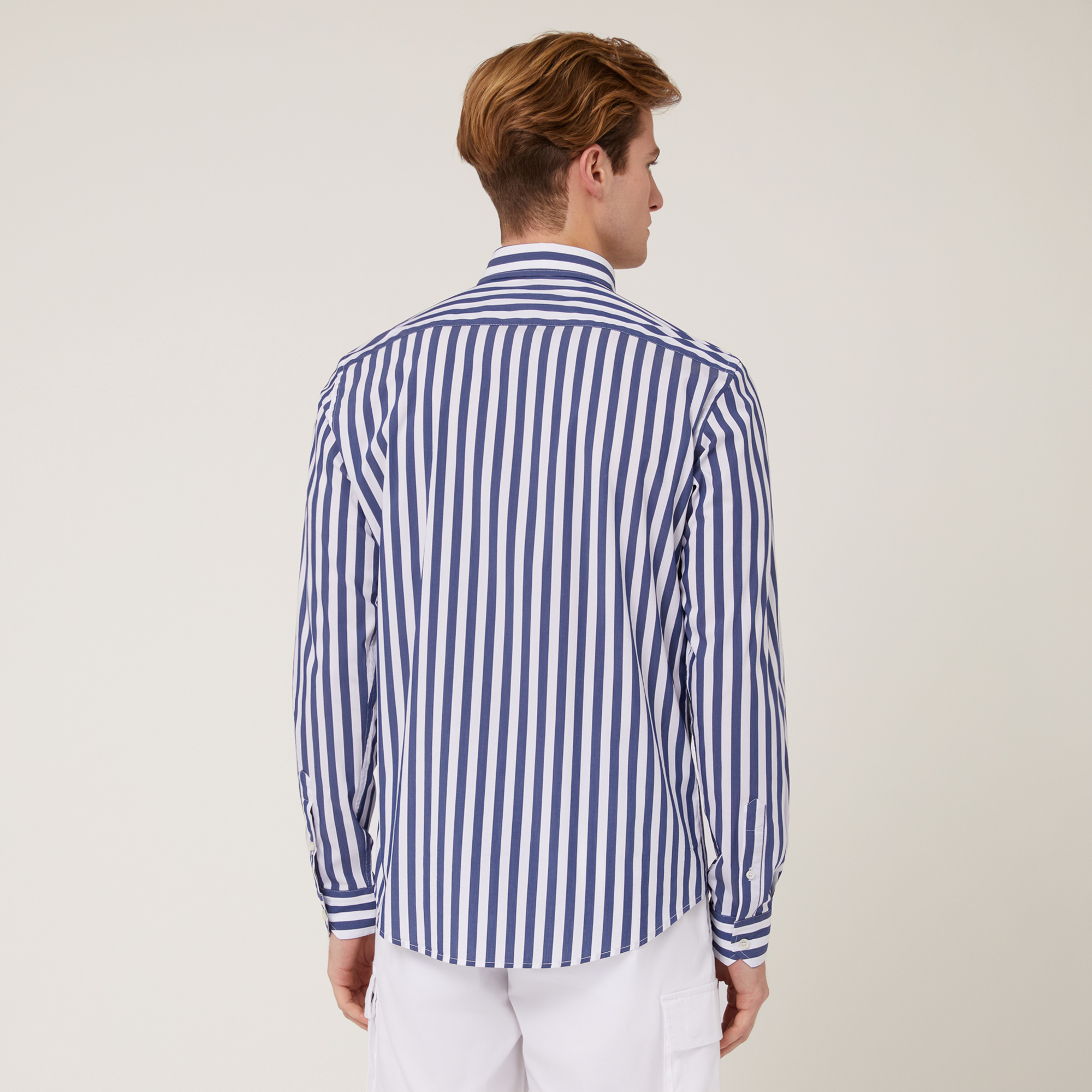 Striped Stretch Cotton Shirt, Blue, large image number 1