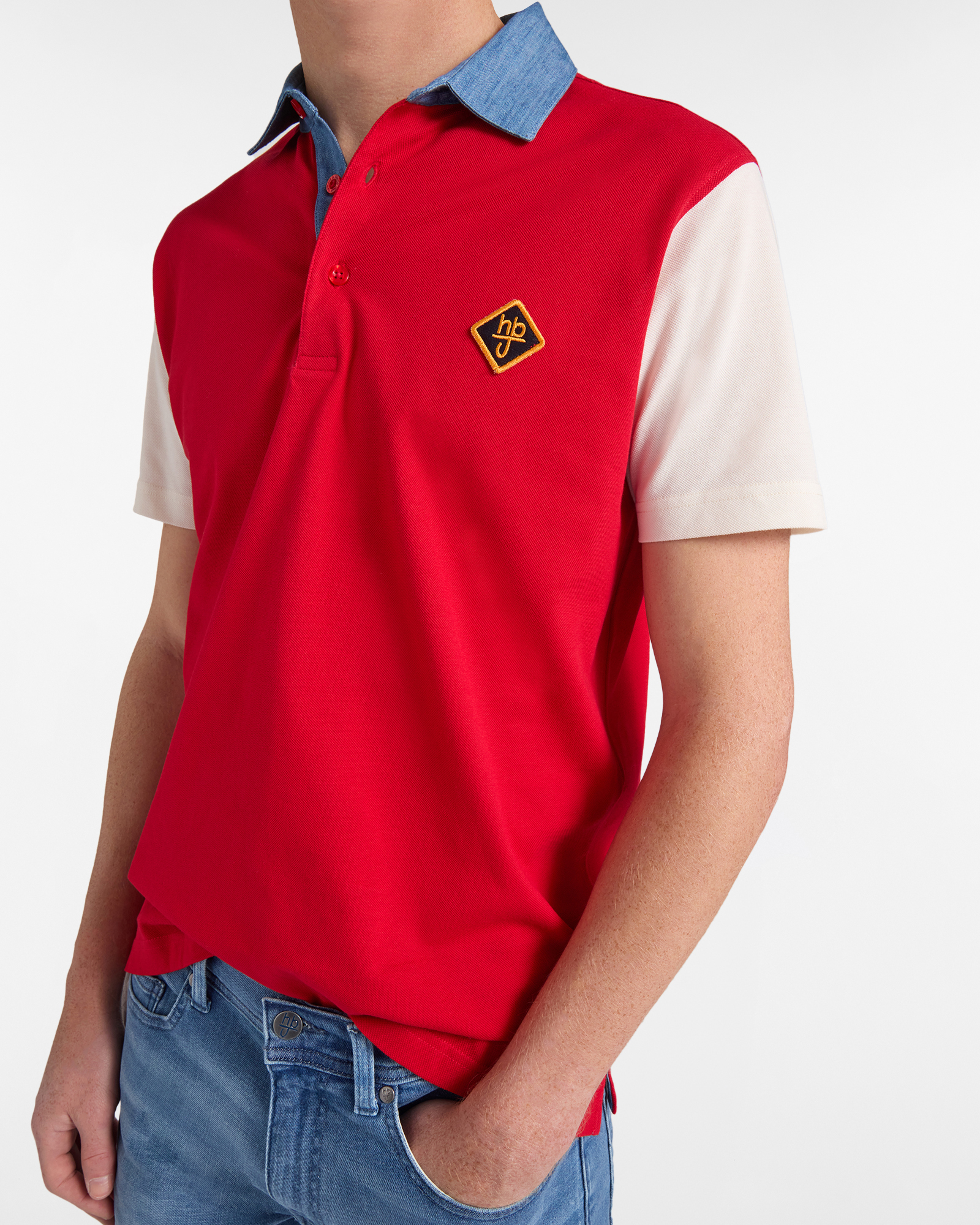 Polo uomo narrow fit con colletto denim, Rosso, large image number 2