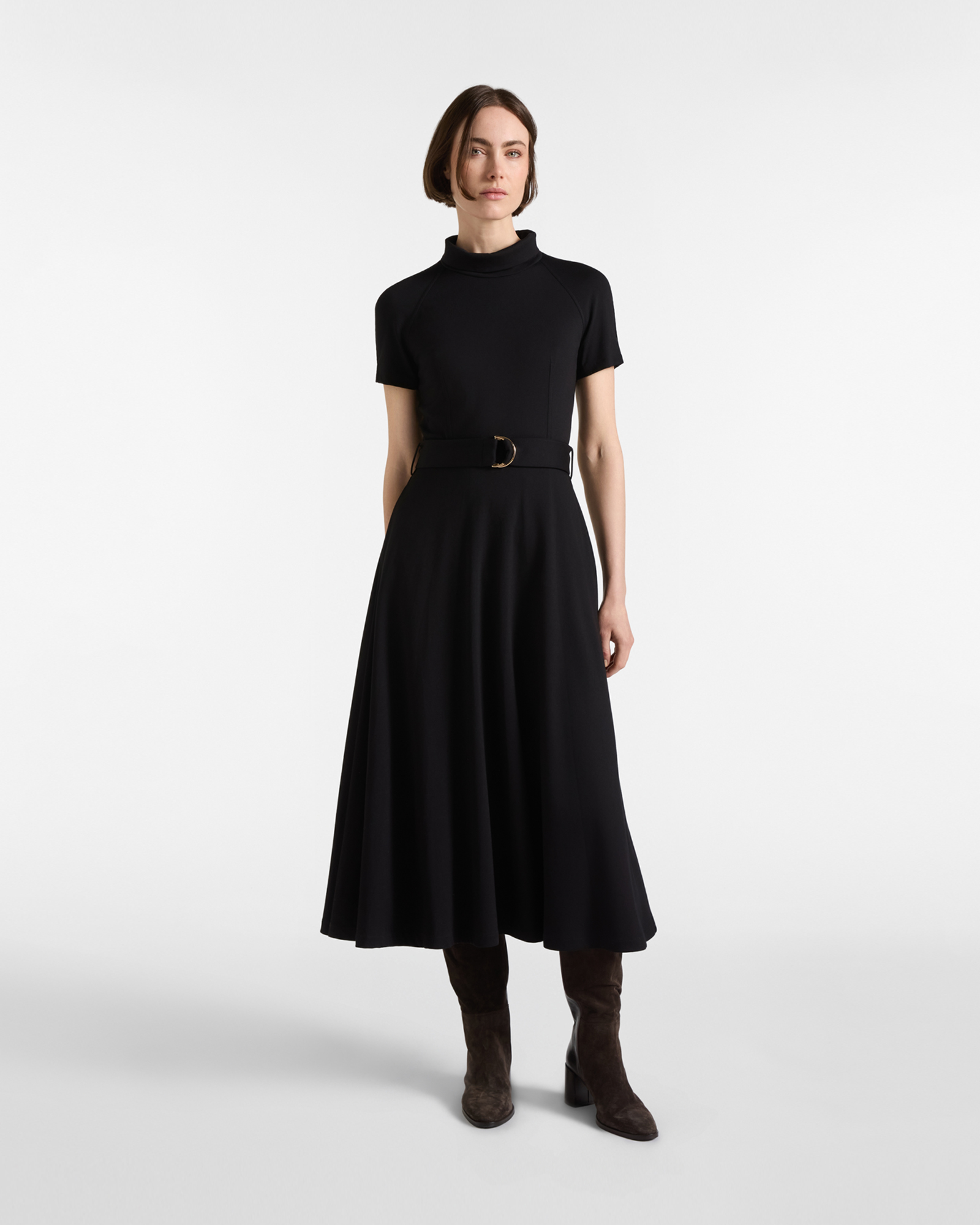 Women&rsquo;s short-sleeved, high-neck dress in black Milanese knit fabric