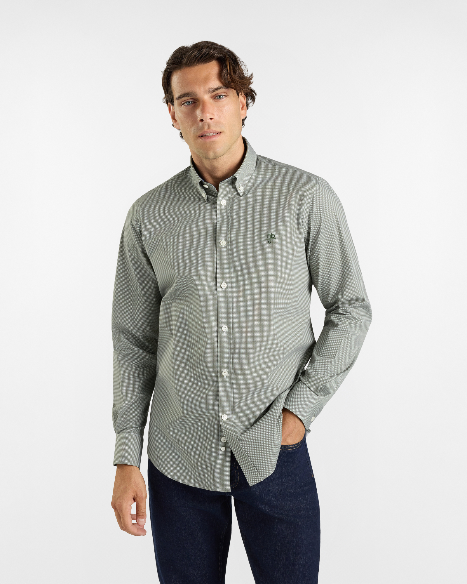 HBJ Men&rsquo;s Regular Fit Shirt with Monte Carlo Collar in Green Stretch Cotton