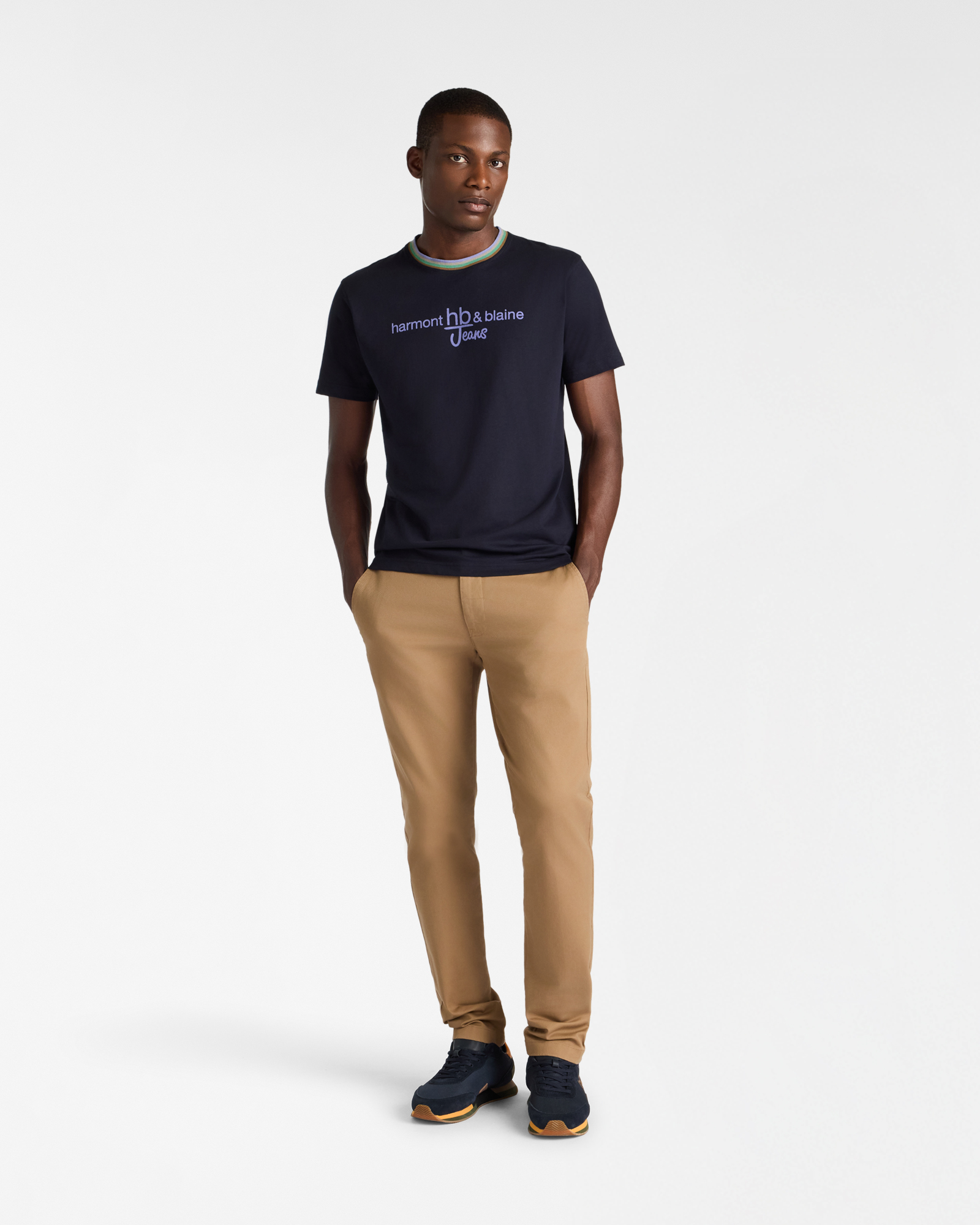 Cotton T-Shirt with Front Logo and Multi-Stripe Ribbed Collar, Dark Blue, large image number 3