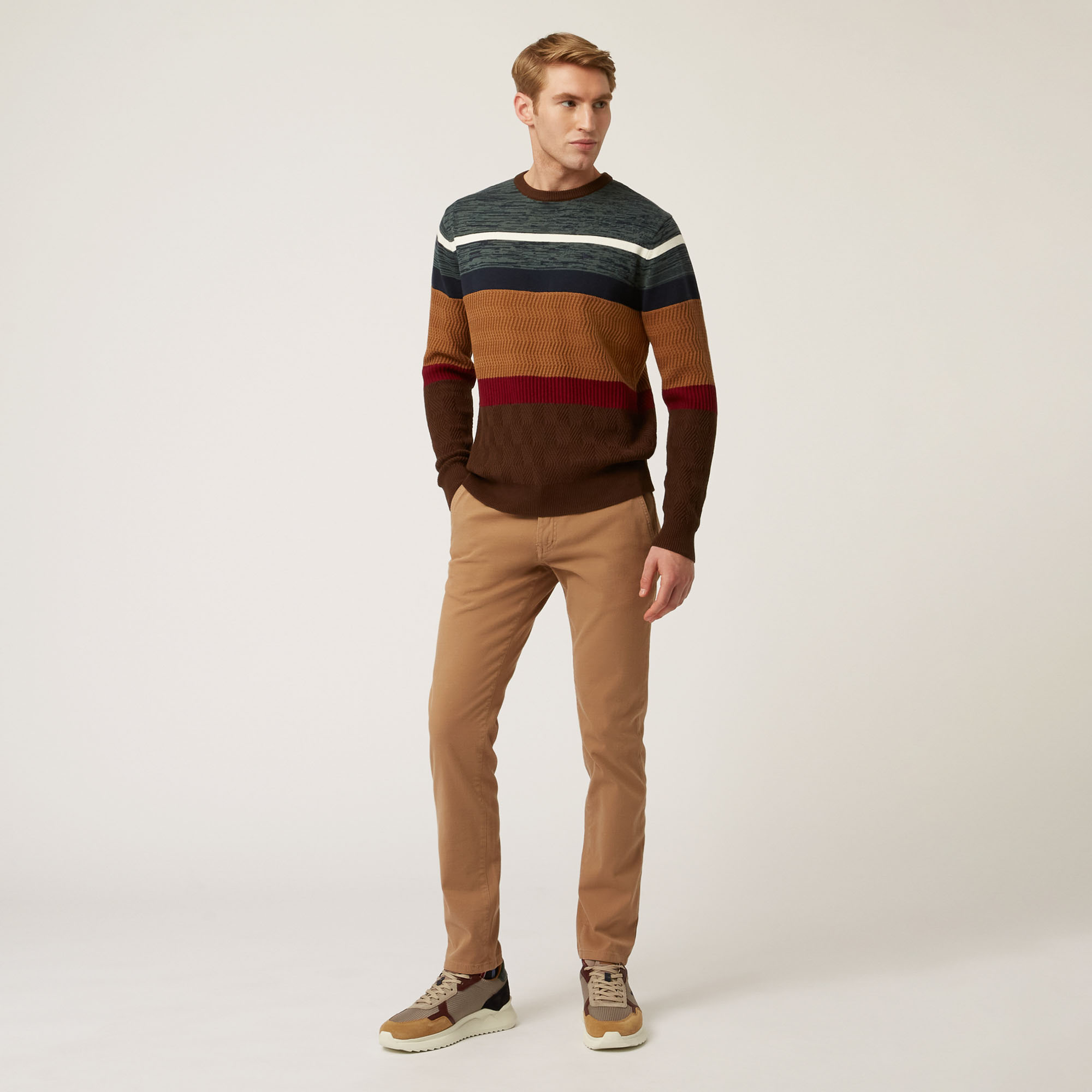 Wool And Cotton Crew-Neck Pullover With Horizontal Bands, Brown, large image number 3
