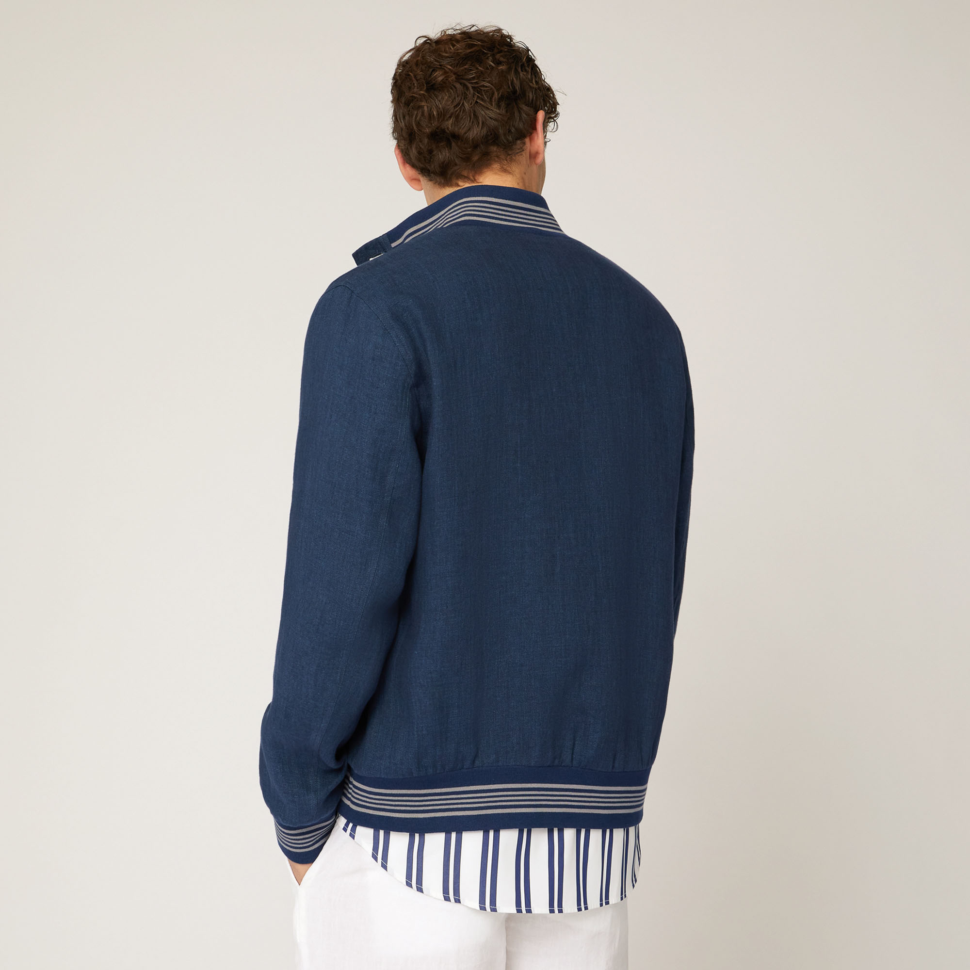 Linen Bomber Jacket with Striped Details, Blue, large image number 1