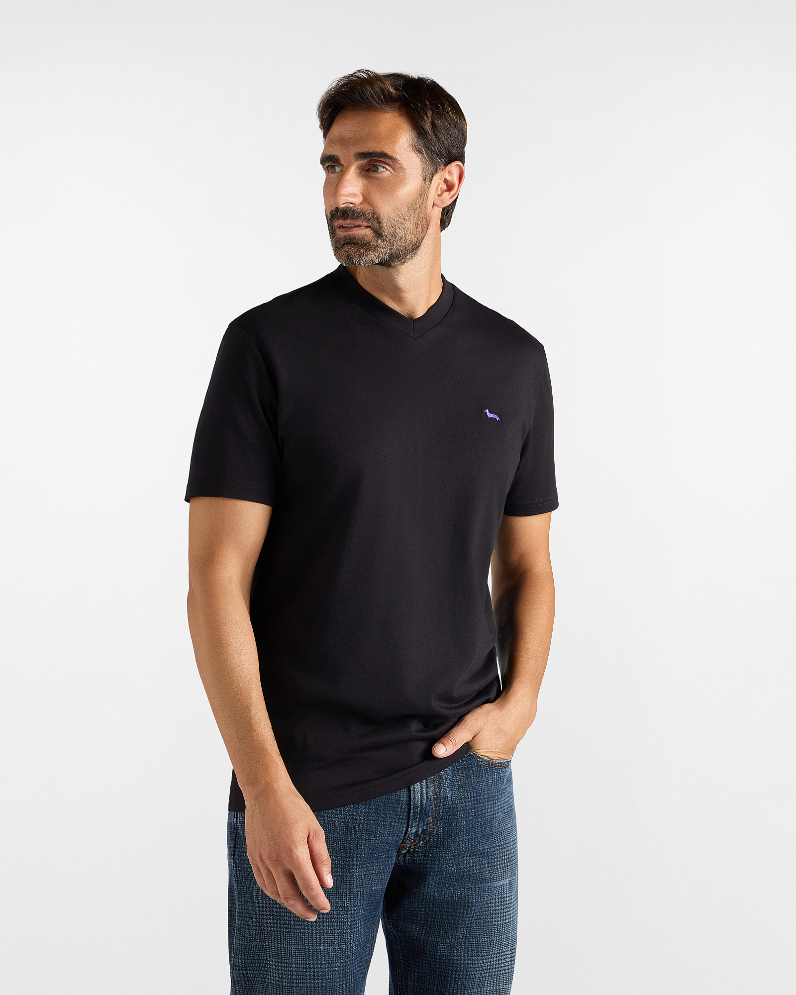 Men's regular-fit black V-neck T-shirt in 100% pure cotton