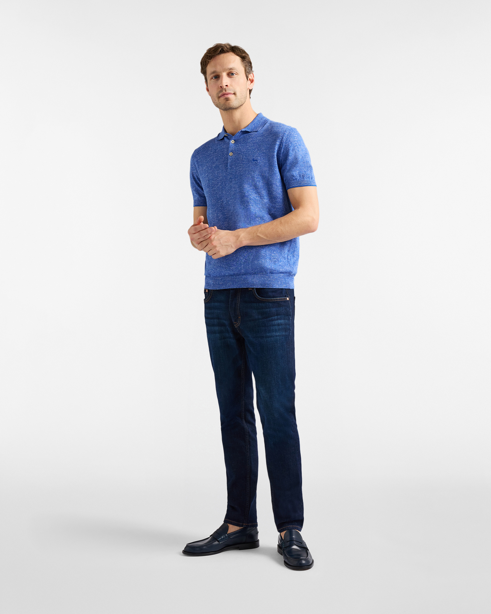 Men's knit polo shirt with tweed effect, Blue, large image number 3