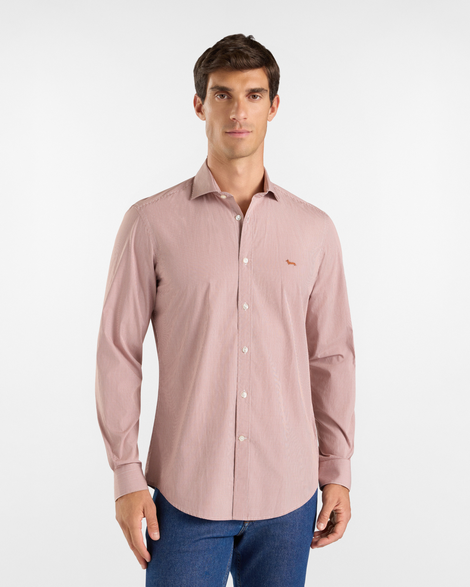 Men's narrow-fit red yarn-dyed micro-gingham shirt