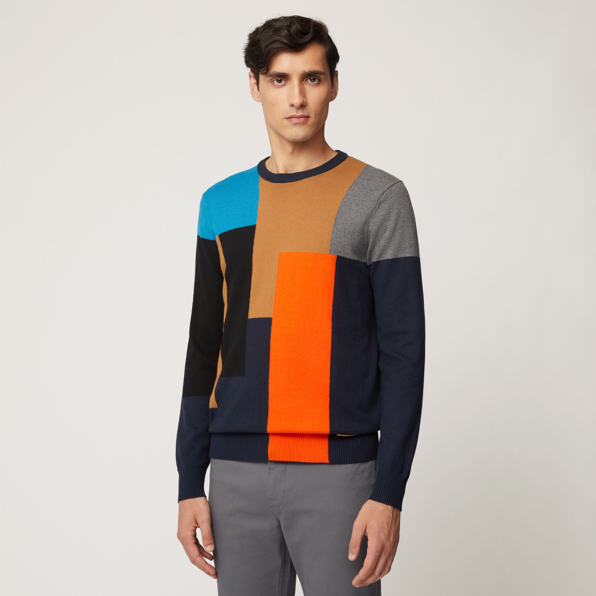 Pullover Girocollo In Cotone E Lana Effetto Color Block, Light Blue, large image number 0