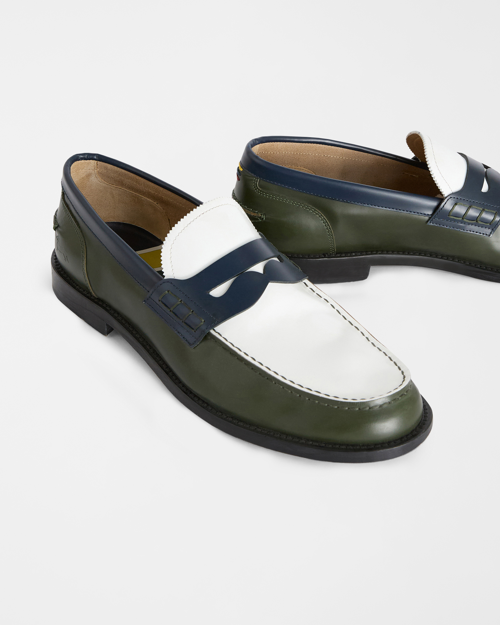 Double Color Leather College Loafers, Green, large image number 3