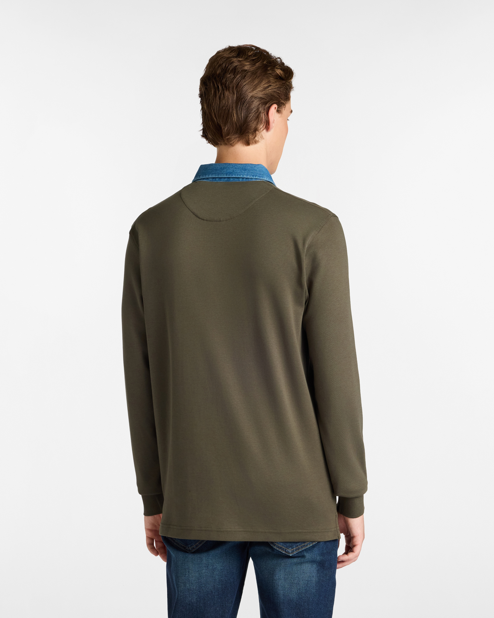 Polo Manica Lunga in Cotone con Collo in Denim, Verde Oliva, large image number 1