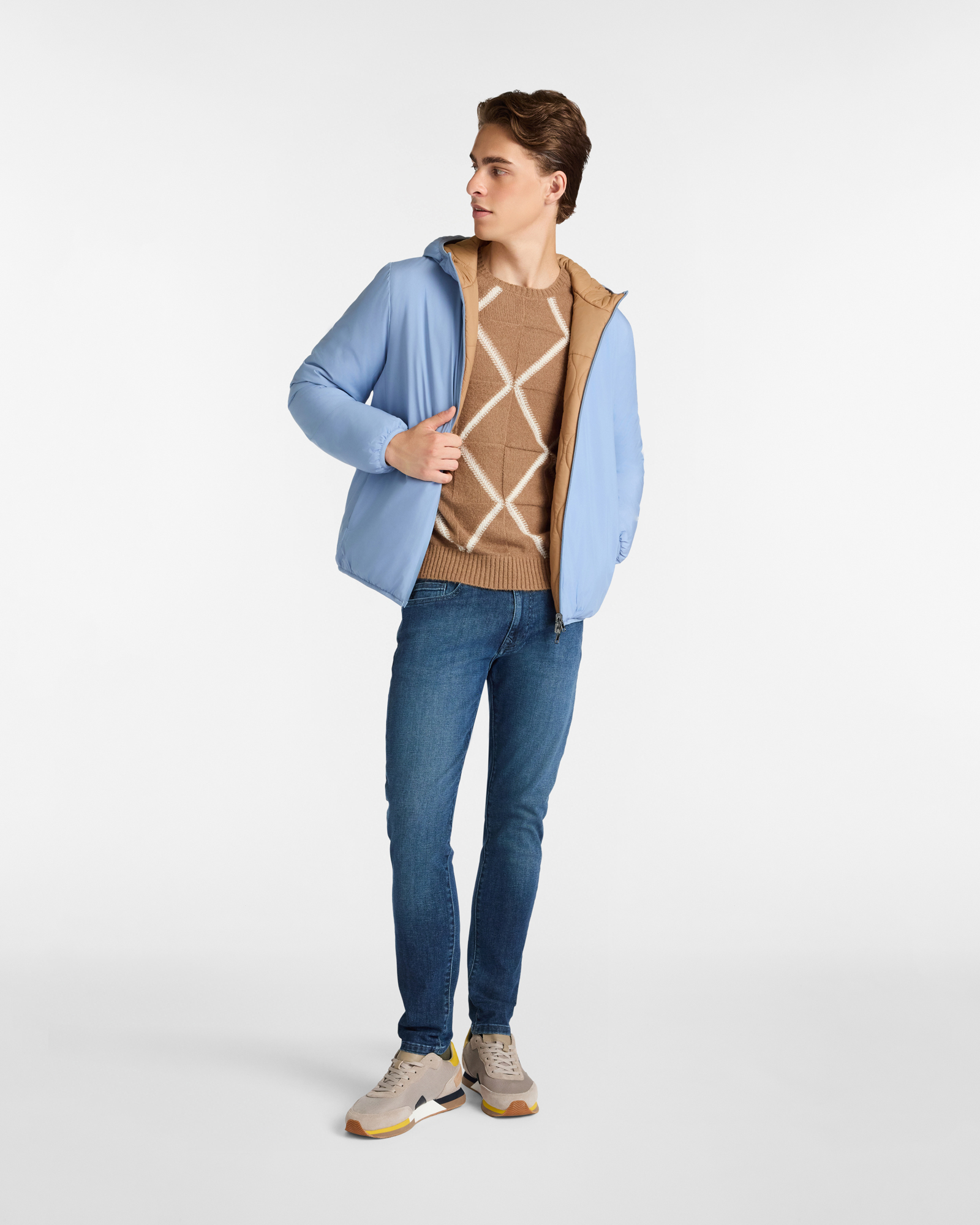 Crewneck Sweater with Argyle Pattern, Brown, large image number 3