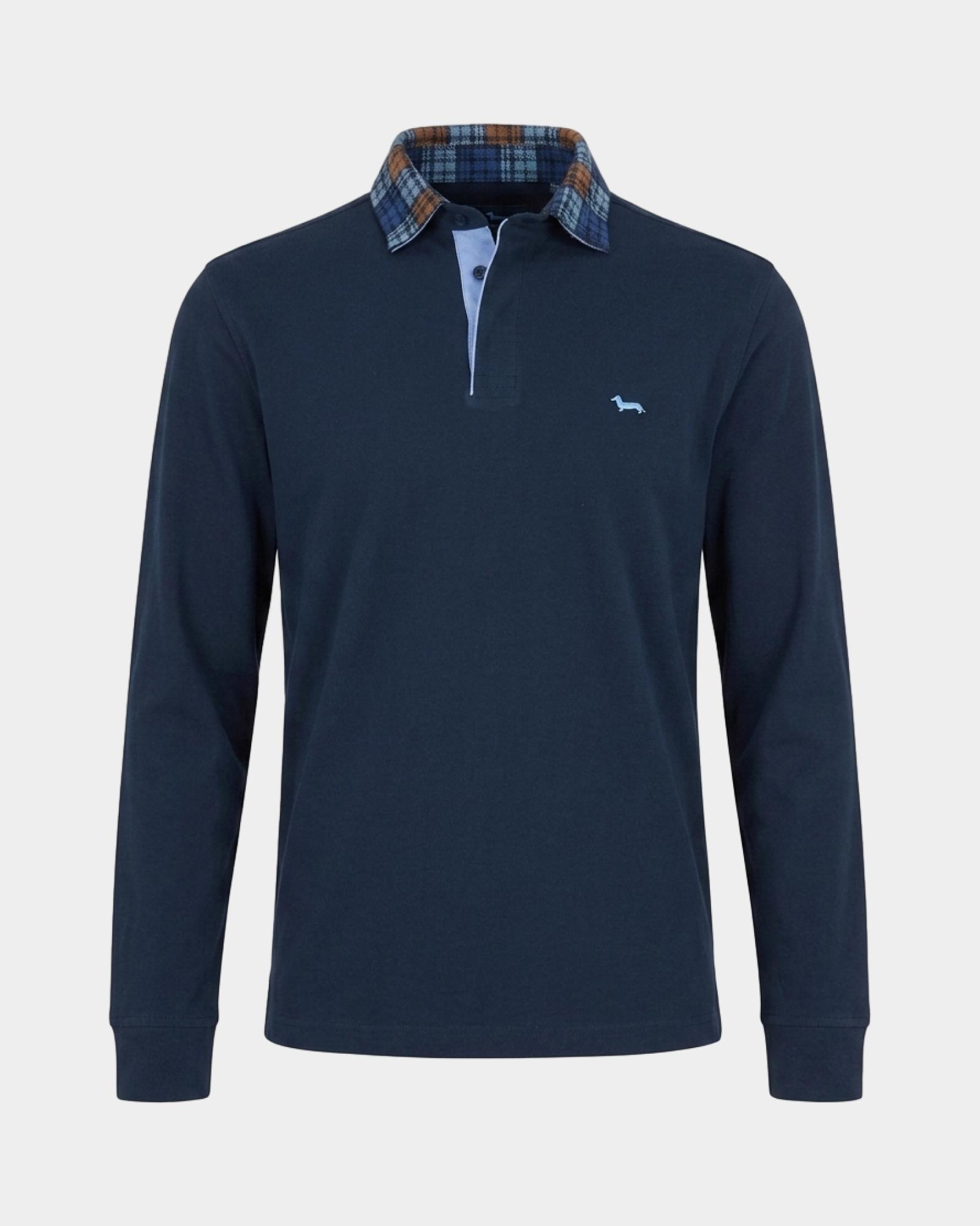 Men's long-sleeve blue 100% pure cotton brushed jersey polo shirt, NAVY BLUE, large