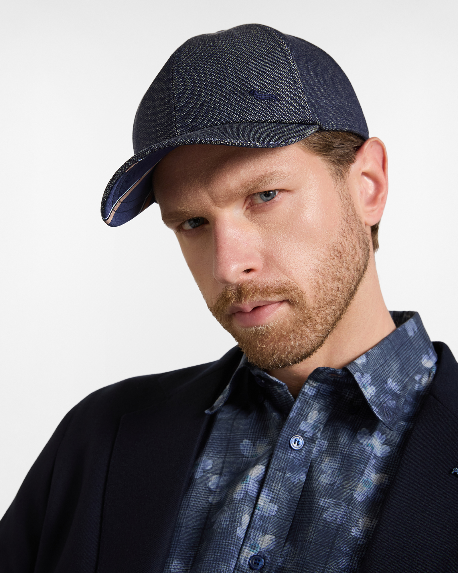 Men&rsquo;s mixed-material baseball cap in denim blue wool and cotton blend
