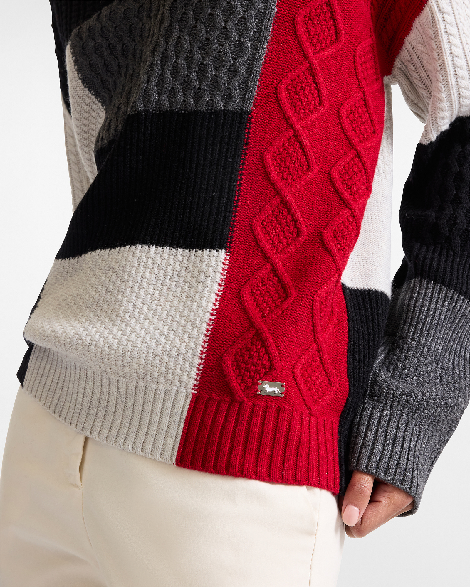 Oversized Patchwork V-Neck Sweater, Black, large image number 2