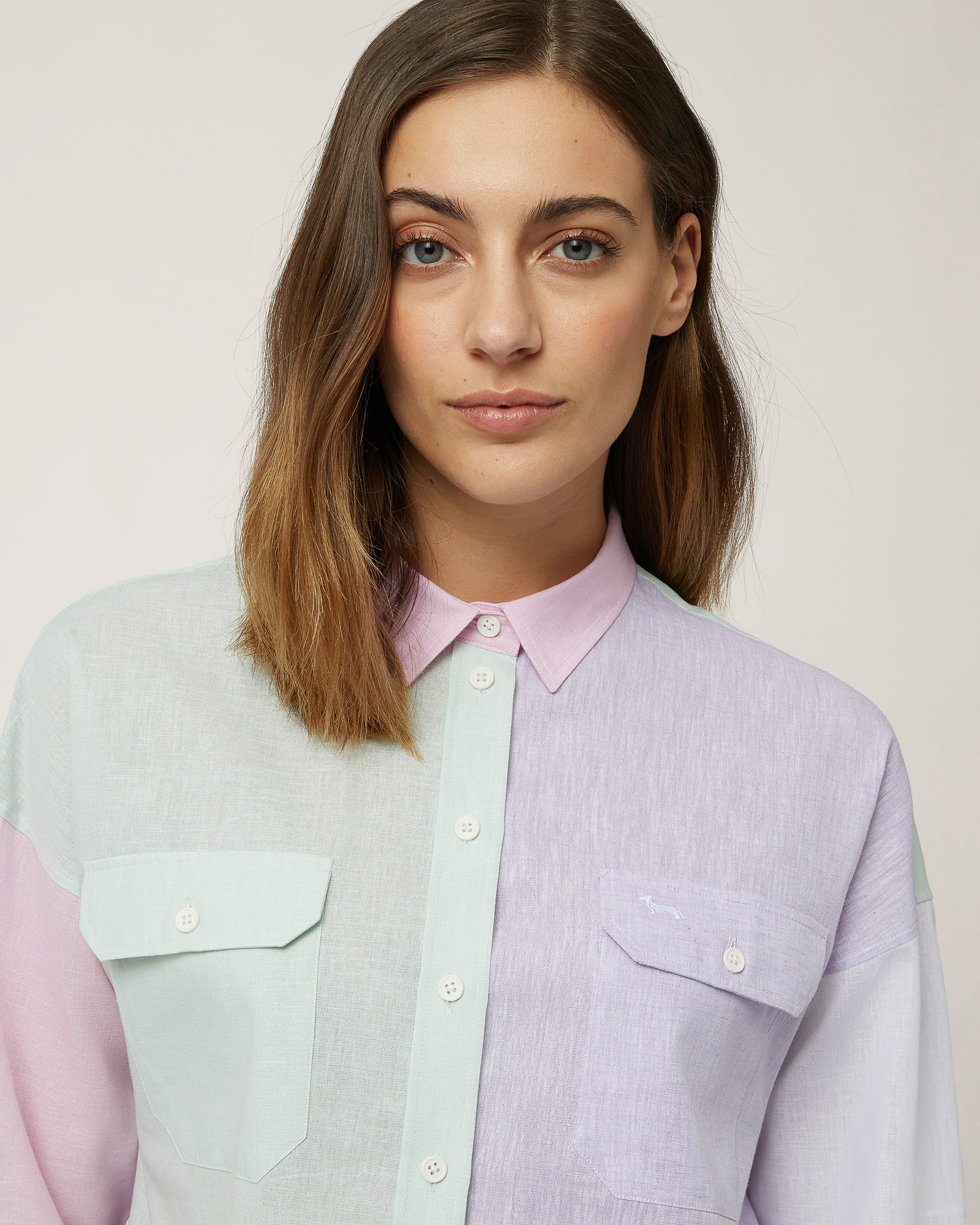 Linen-Blend Patchwork Shirt, Creamy White, large image number 2