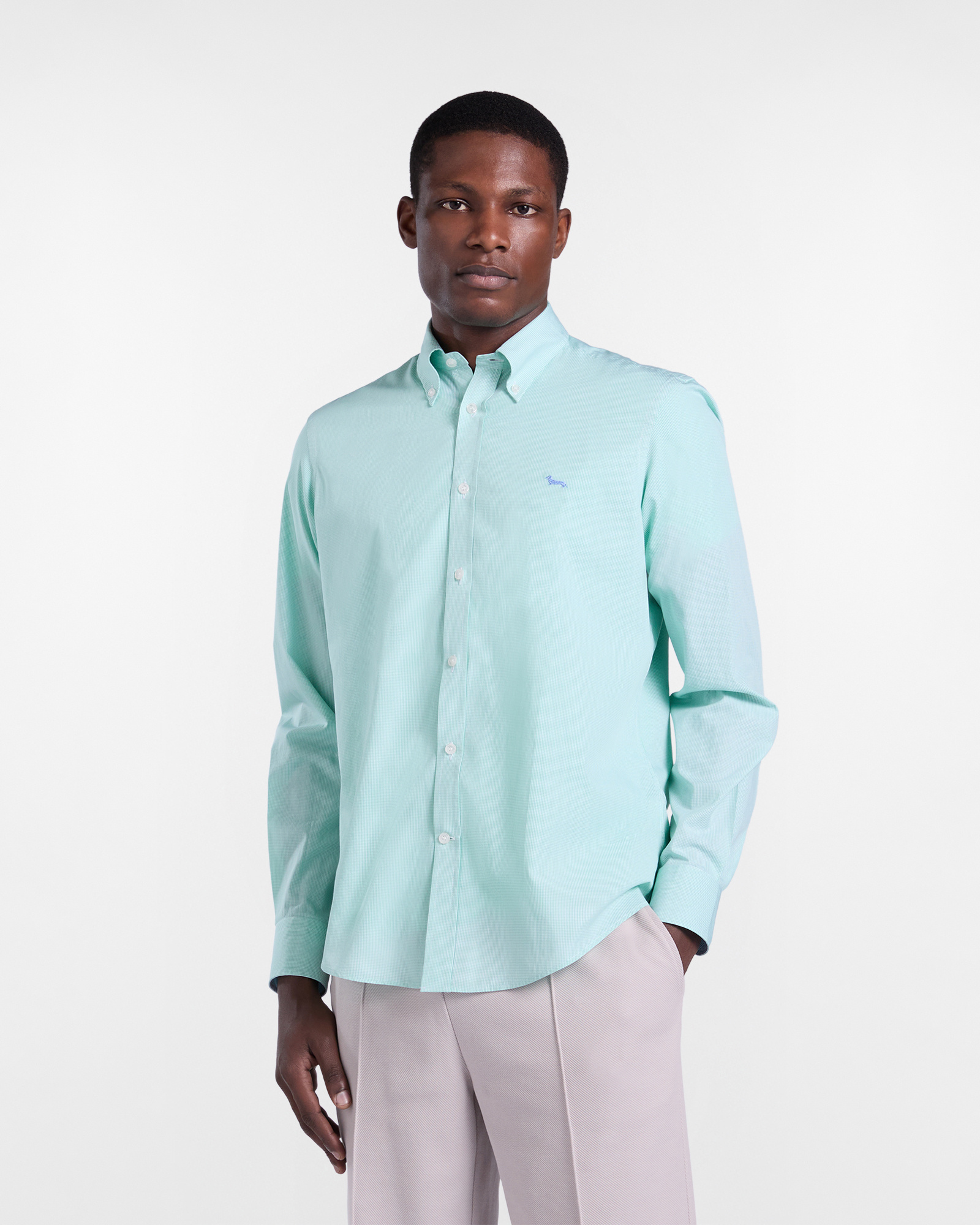 Camisas de microcuadros de corte regular., Verde Claro, large