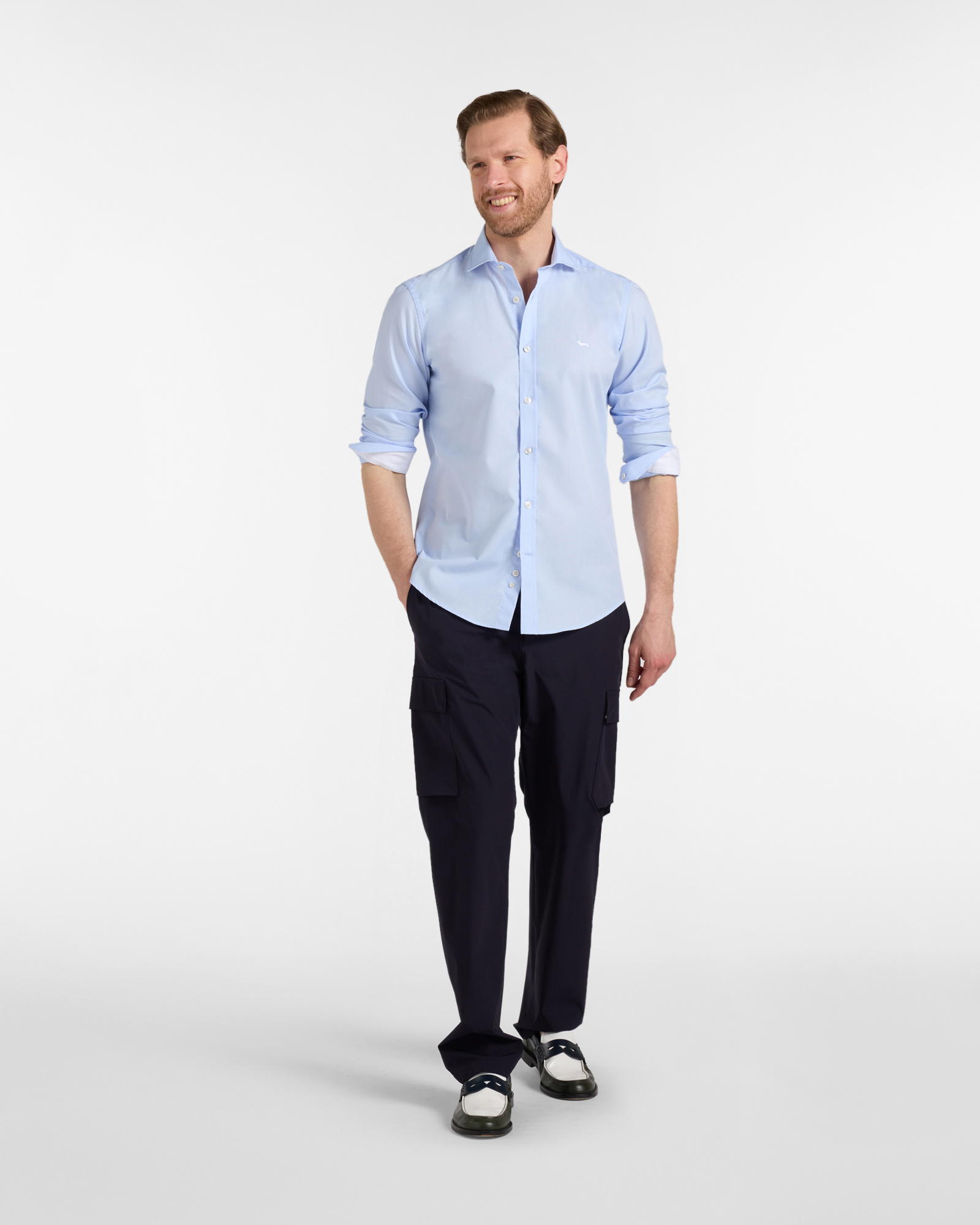 Men's narrow-fit pure cotton shirt with internal contrasts, Blue, large image number 3