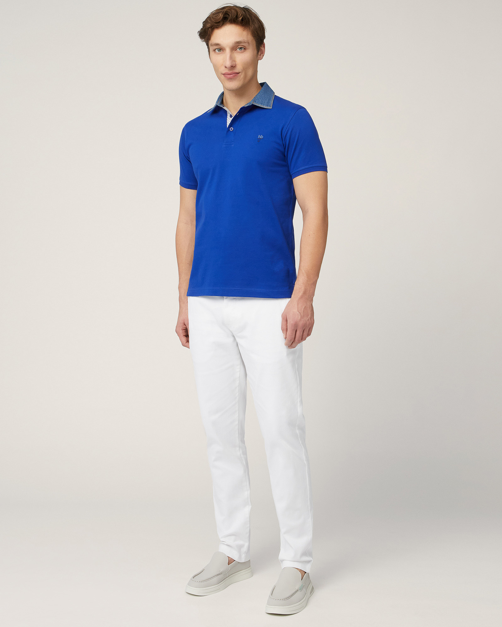 Polo-Shirt with Denim Collar, Electric Blue, large image number 3