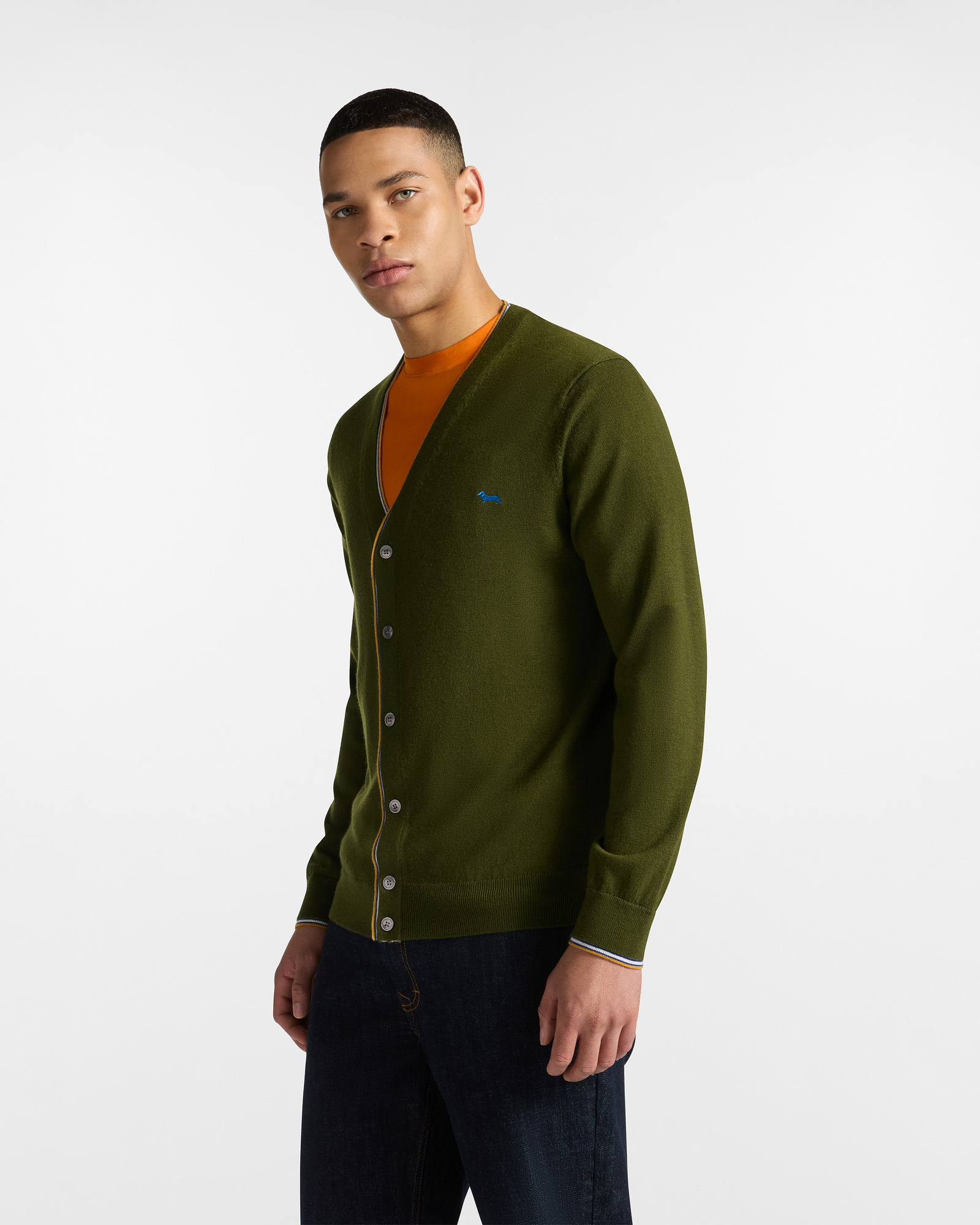 Cardigan In Lana Con Profili Rigati, Uomo, Verde, Taglia: S