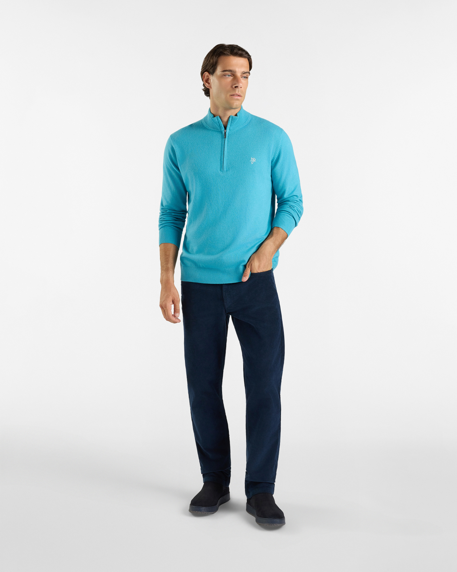 Maglia HBJ Uomo in Punto Cardato Half-Zip in Misto Lana e Cashmere, VERDE, large