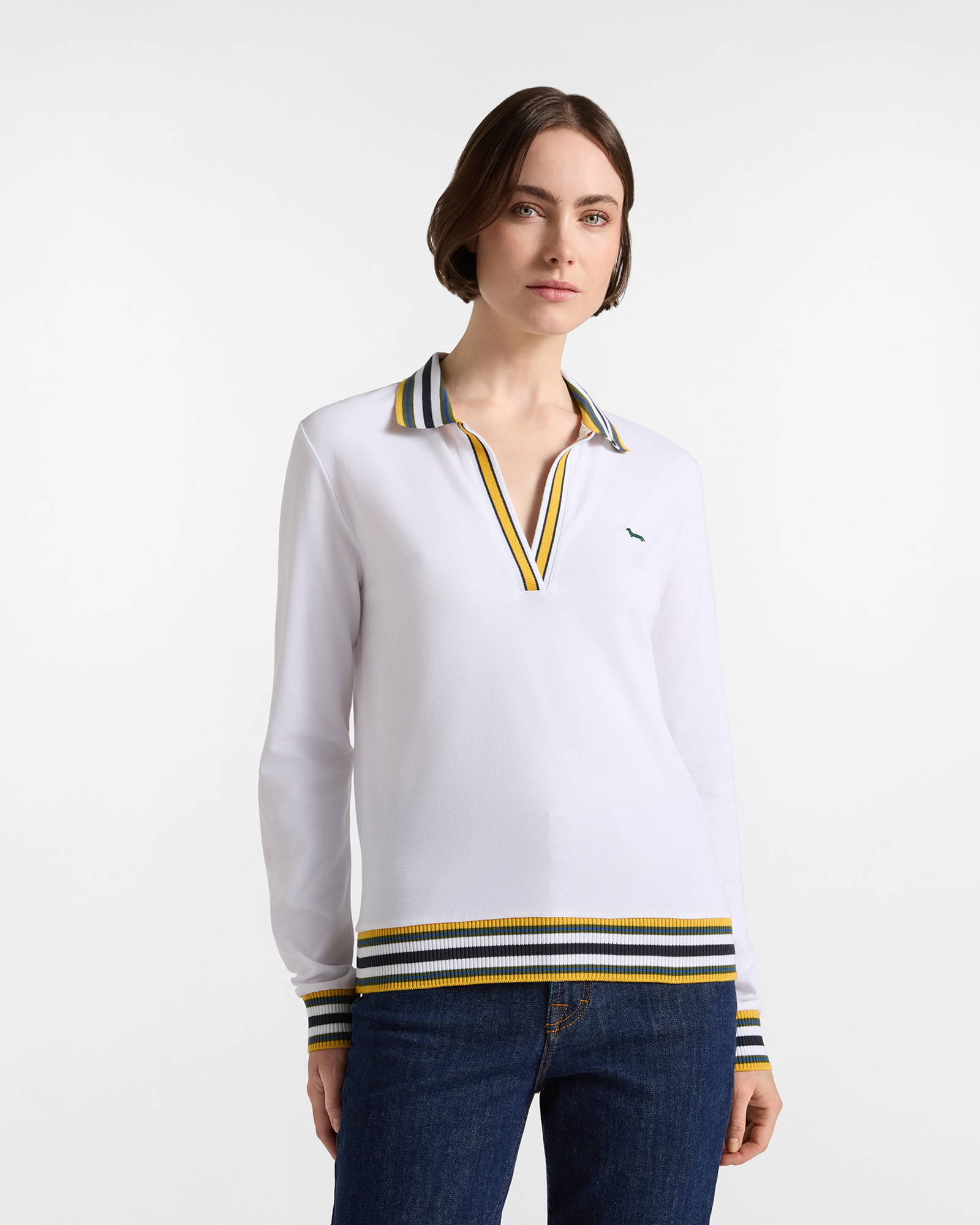 Women's long-sleeve white stretch cotton polo shirt with V-neck