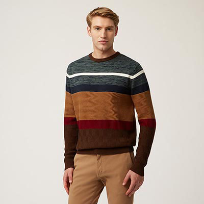 Wool And Cotton Crew-Neck Pullover With Horizontal Bands