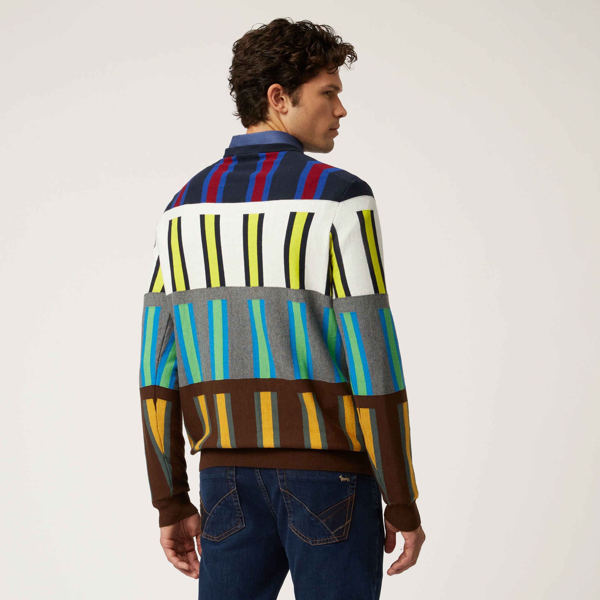 Pullover Girocollo In Cotone E Lana A Strisce Verticali, Blu Navy, large image number 1