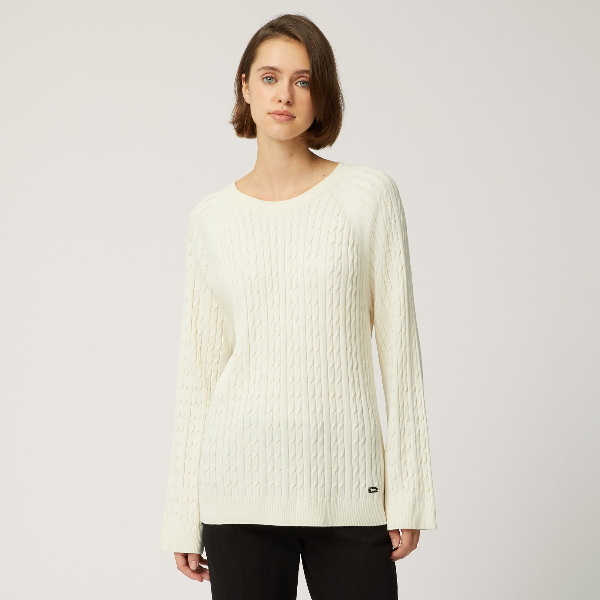Braided Crew-Neck Pullover, White, large image number 0