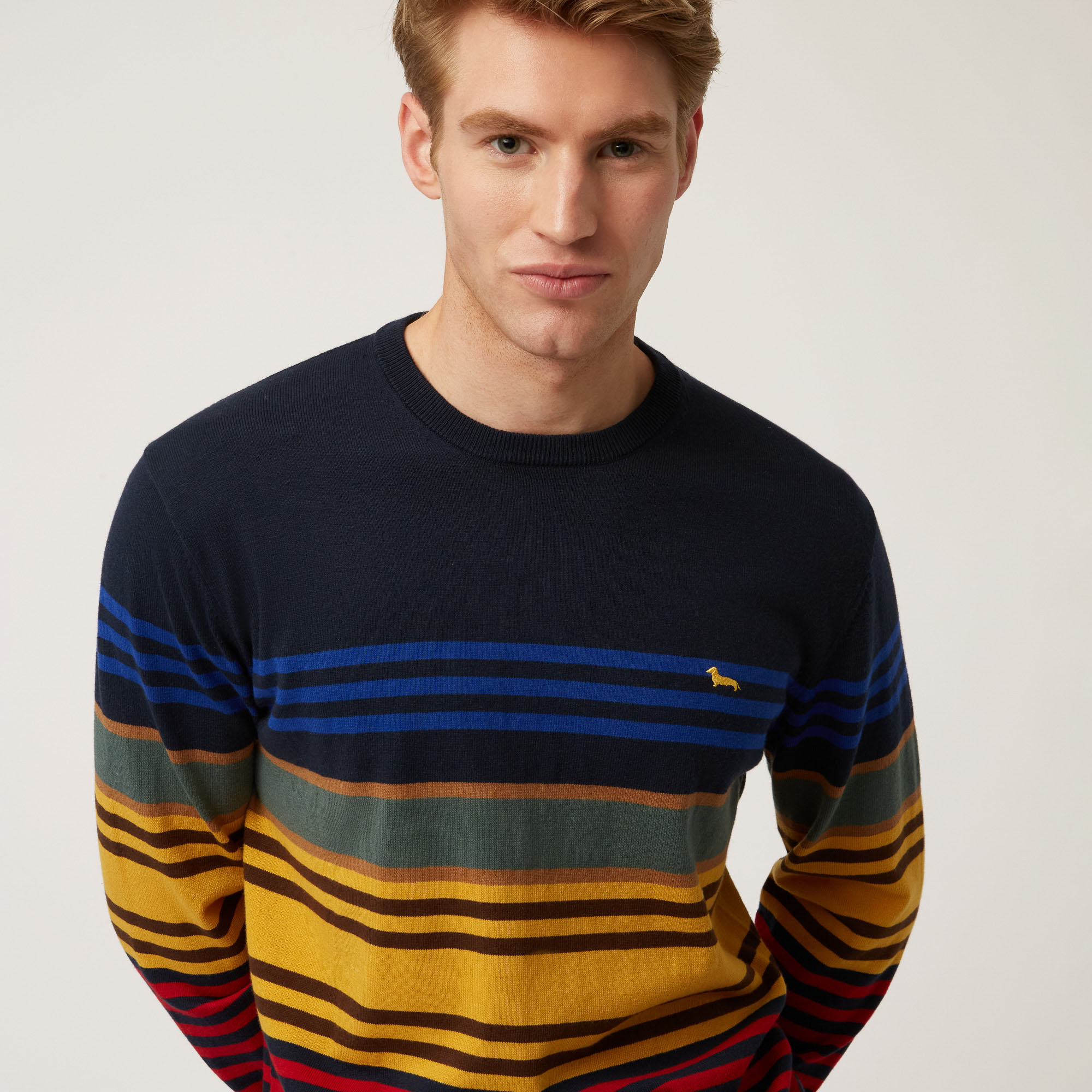 Wool And Cotton Crew-Neck Pullover With Horizontal Stripes, Blue, large image number 2