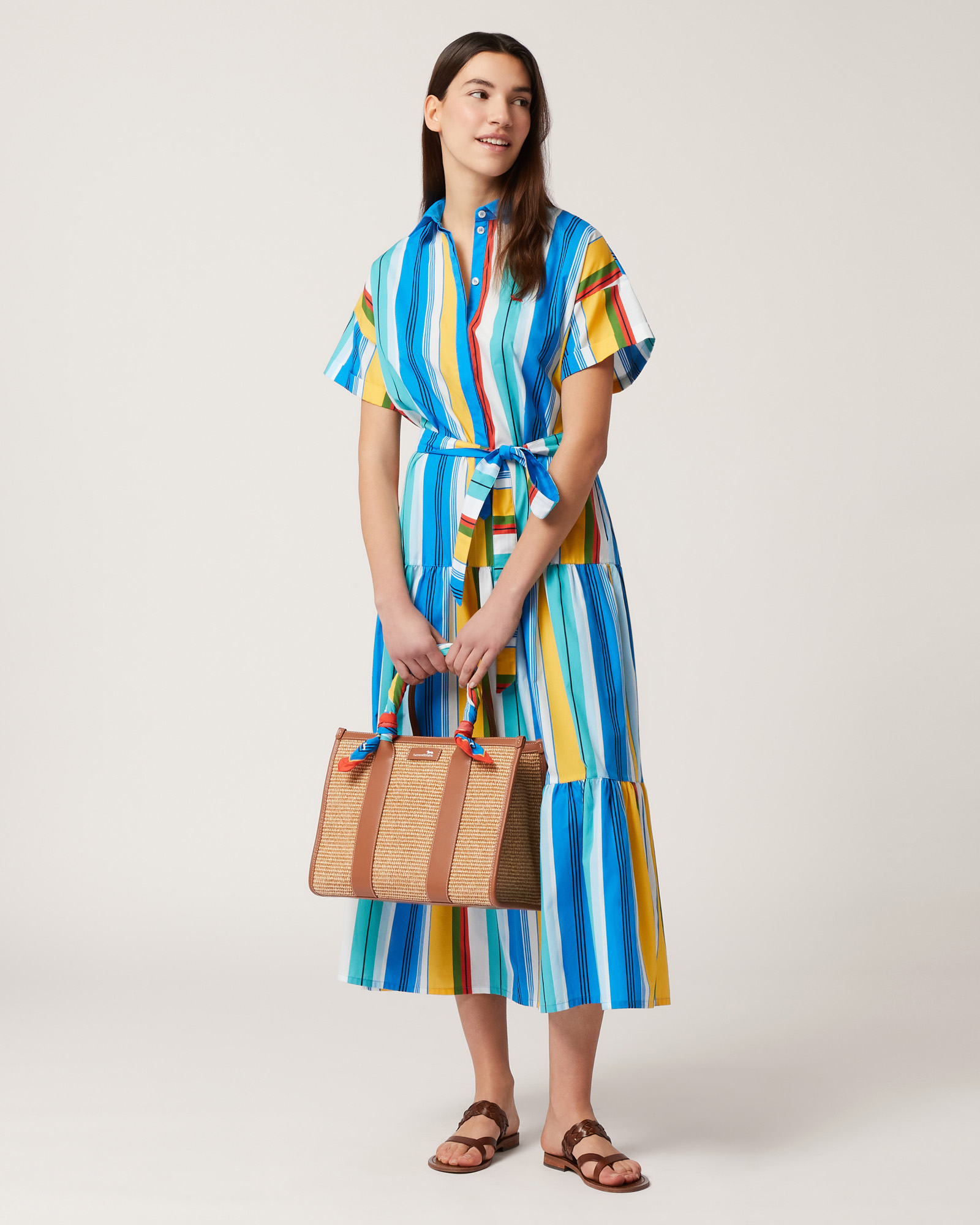 Multicolored Striped Dress With Flounces, Canary Yellow, large image number 3