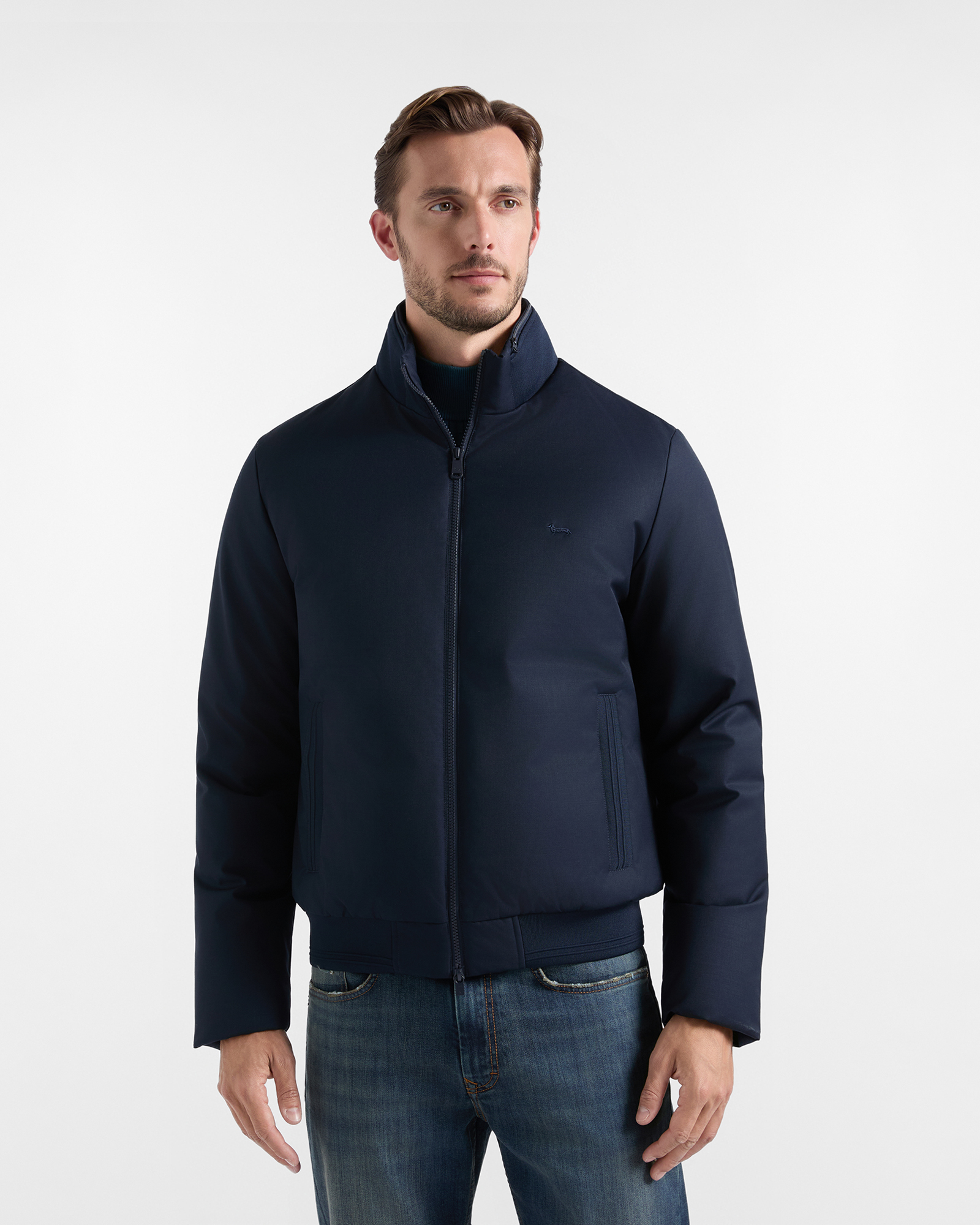Bomber acolchado para hombre en mezcla de lana t&eacute;cnica azul marino