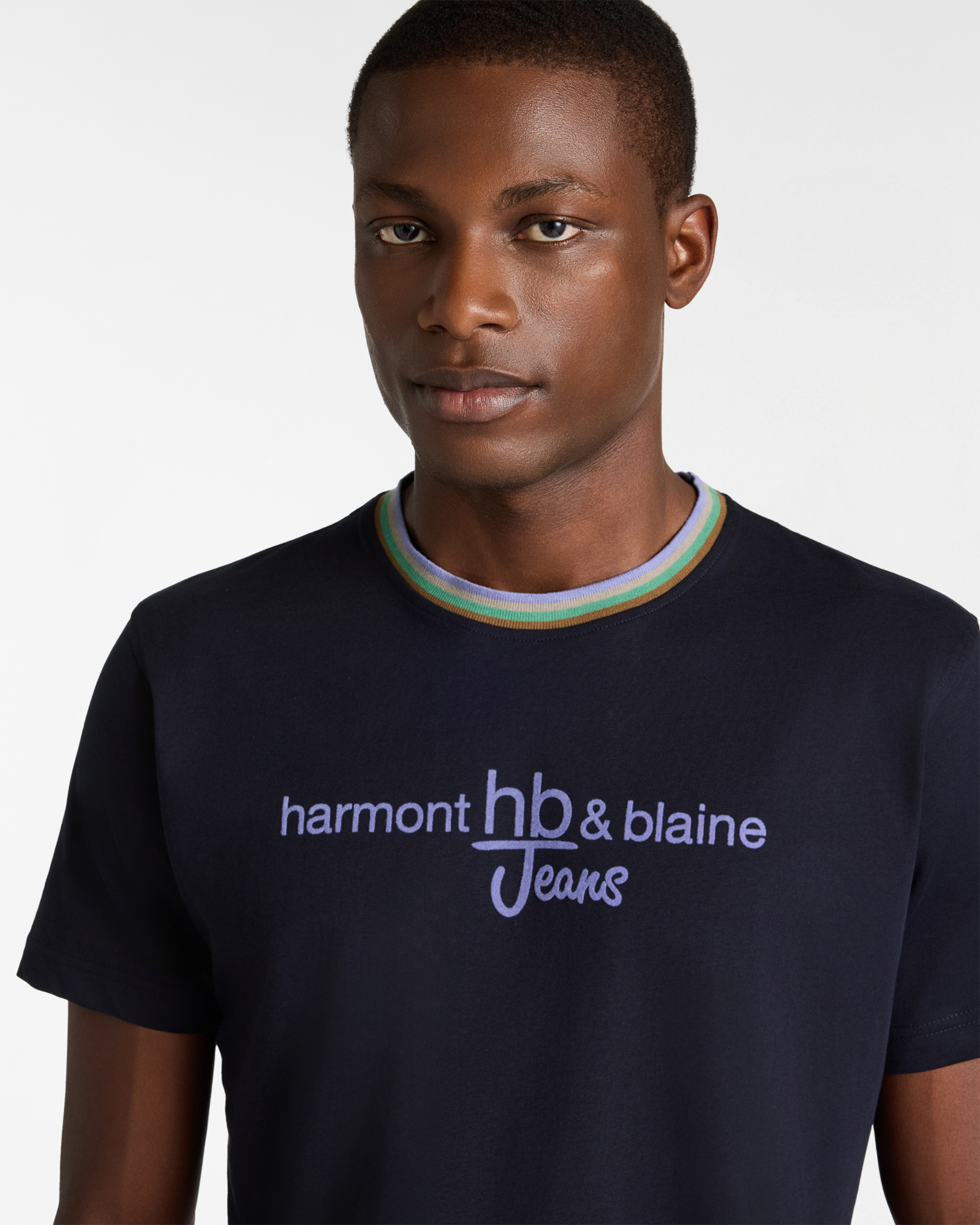 Cotton T-Shirt with Front Logo and Multi-Stripe Ribbed Collar, Dark Blue, large image number 2