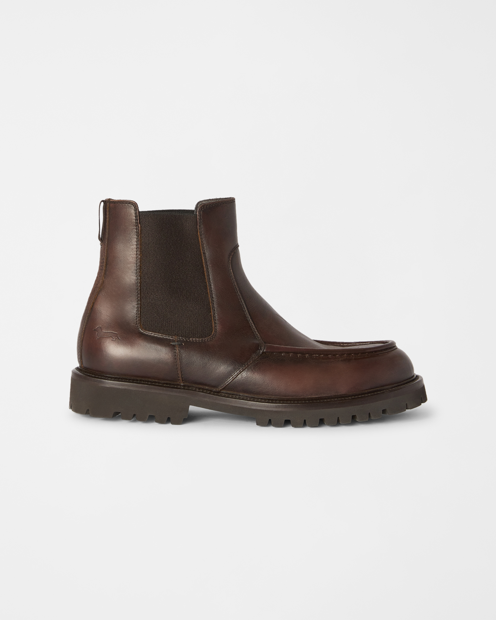 Men&rsquo;s Chelsea boot in pre-faded leather with loafer-style stitched toe, in dark brown