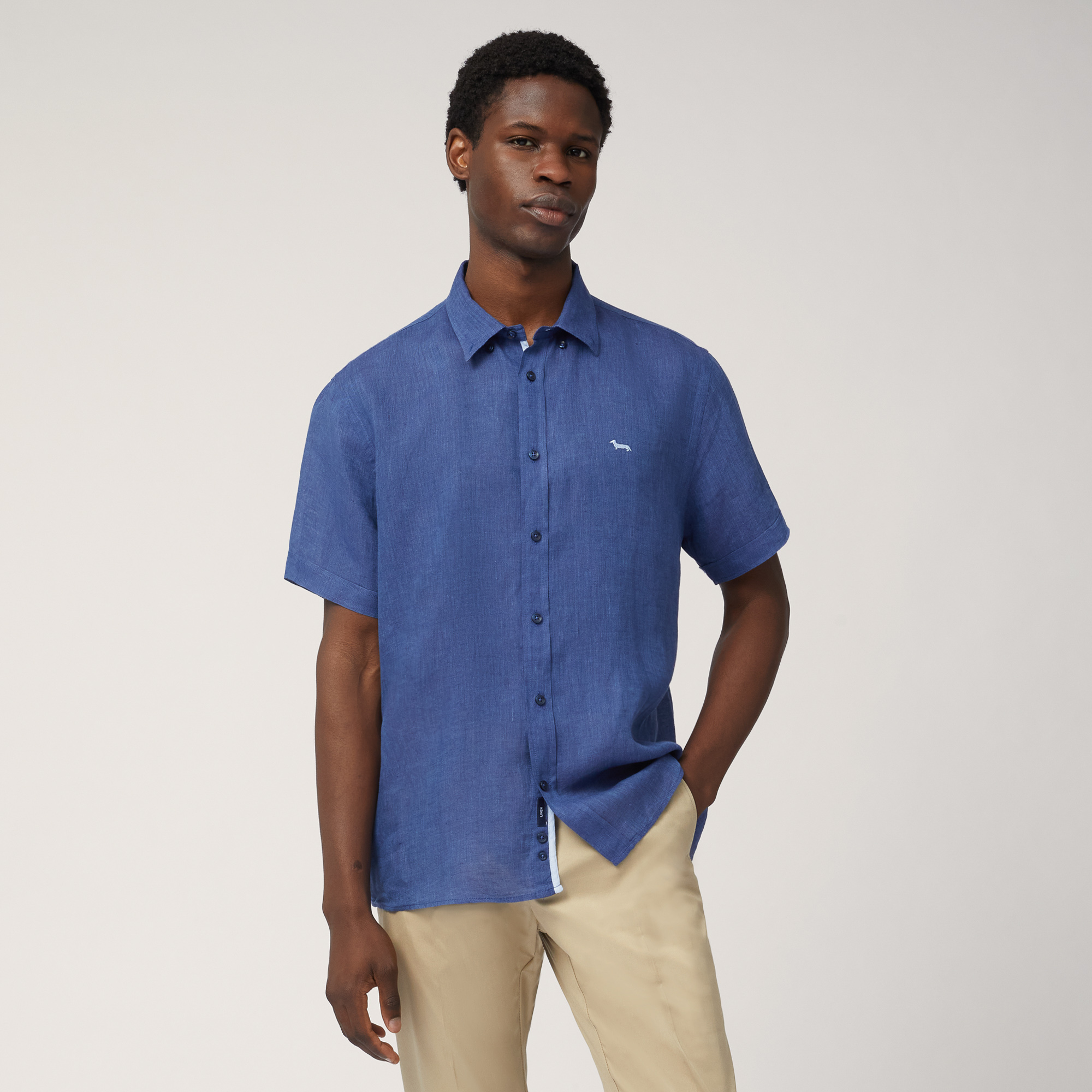 Linen Short-Sleeved Shirt, Night Blue, large