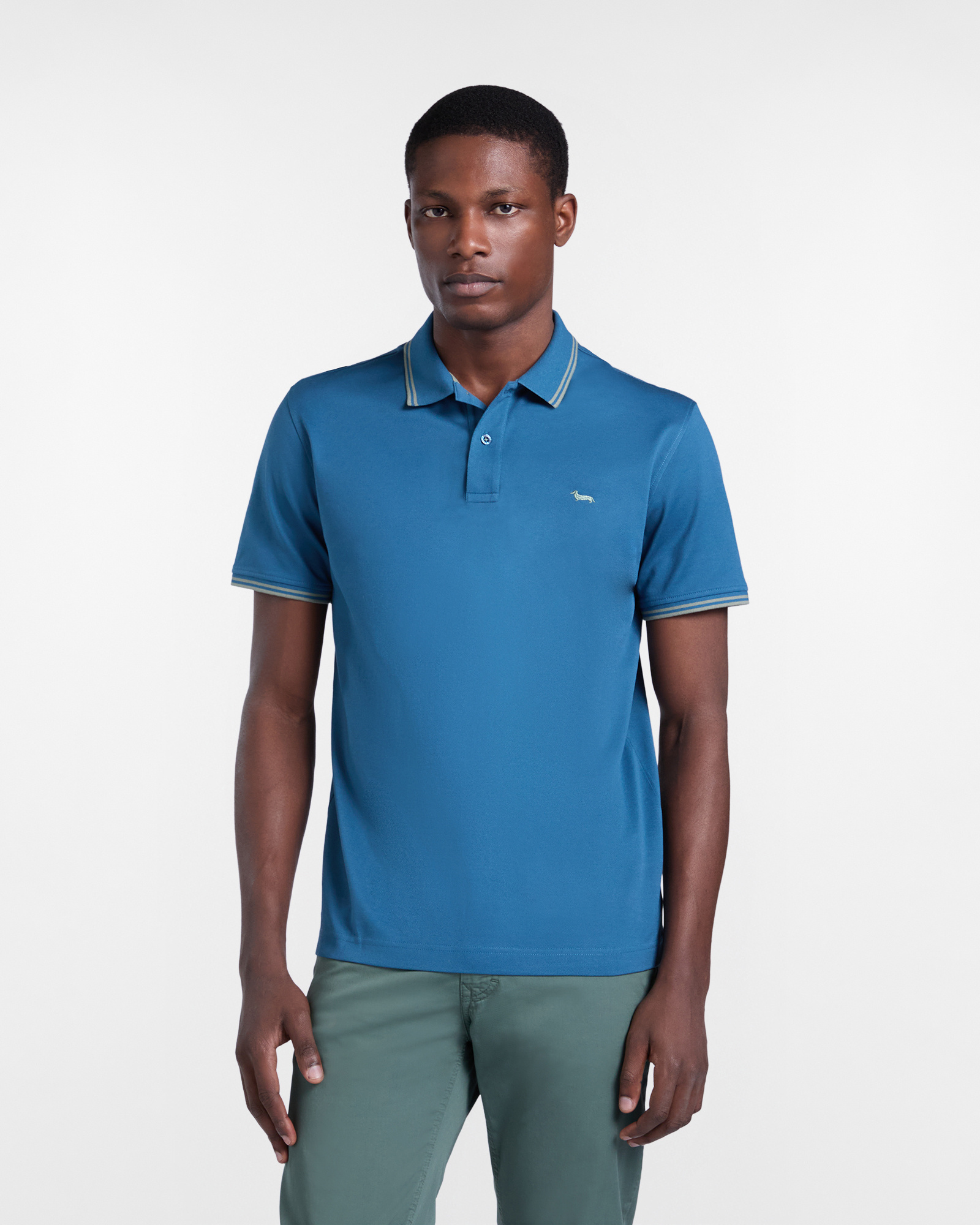 Polo de hombre con detalles de rayas en contraste, Azul, large