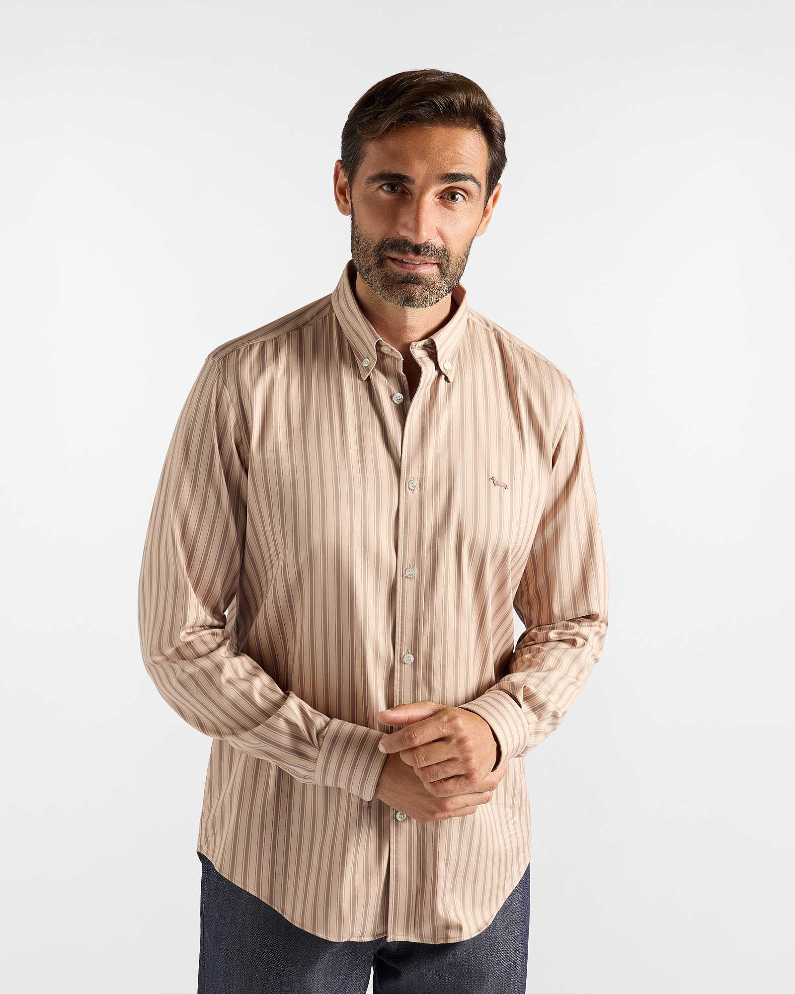 Camicia Uomo riga raso stretch Regular Fit marrone