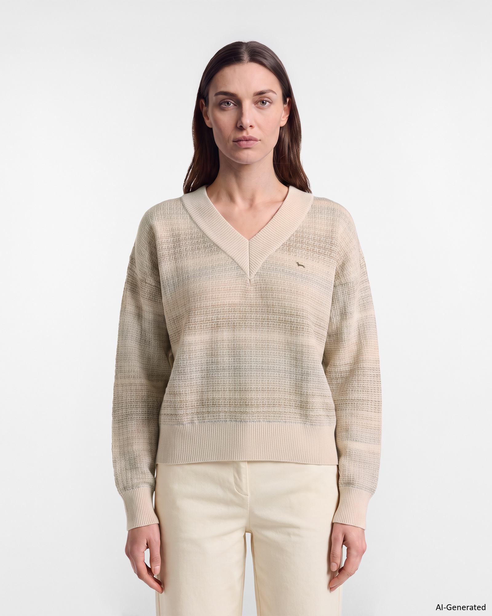 Women's Made in Italy deep V-neck pullover in beige 100% pure wool