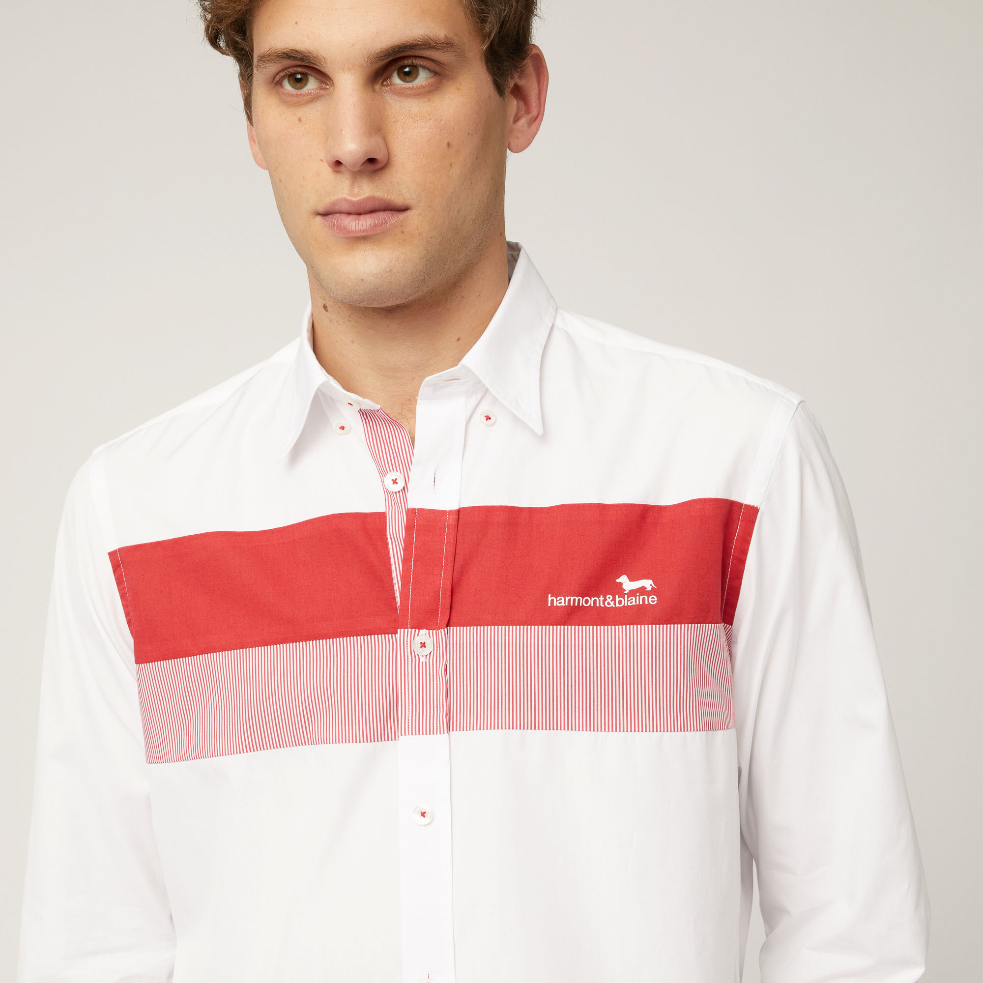 Cotton Shirt with Contrasting Bands and Logo, Light Red, large image number 2