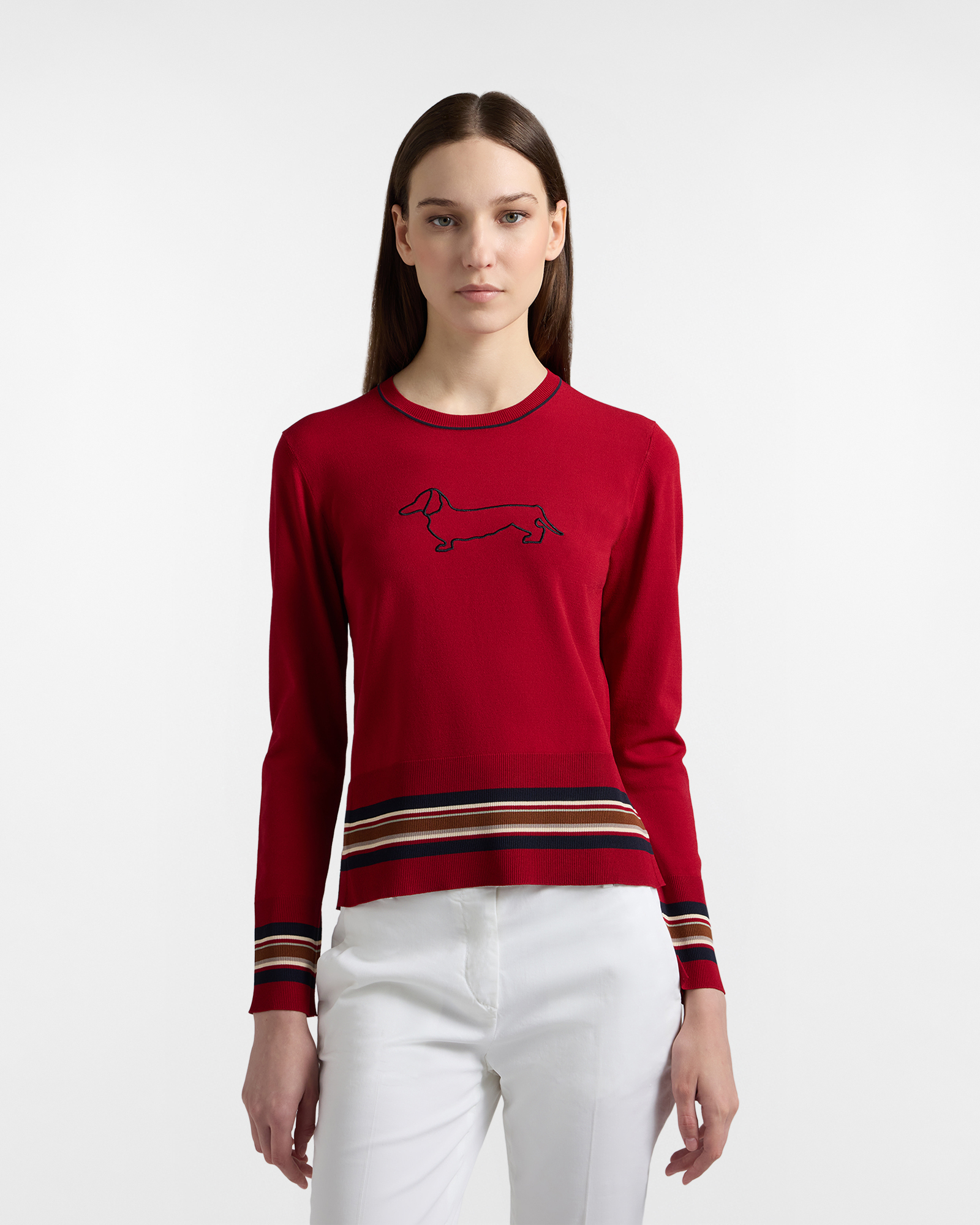 Maglia girocollo con Maxi Bassotto, Donna, Rosso, Taglia: XXS