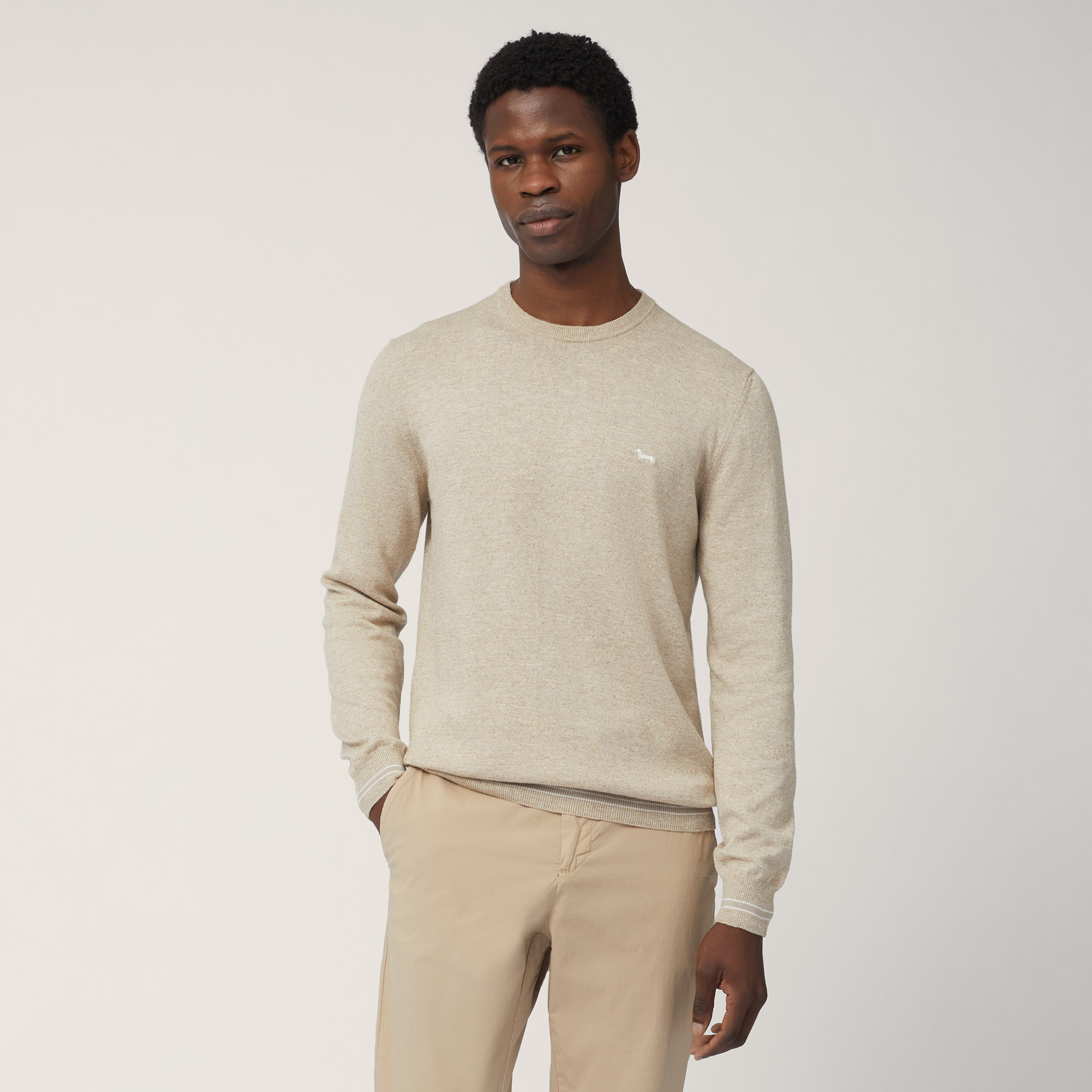 Cotton Blend Tweed Pullover, Beige, large