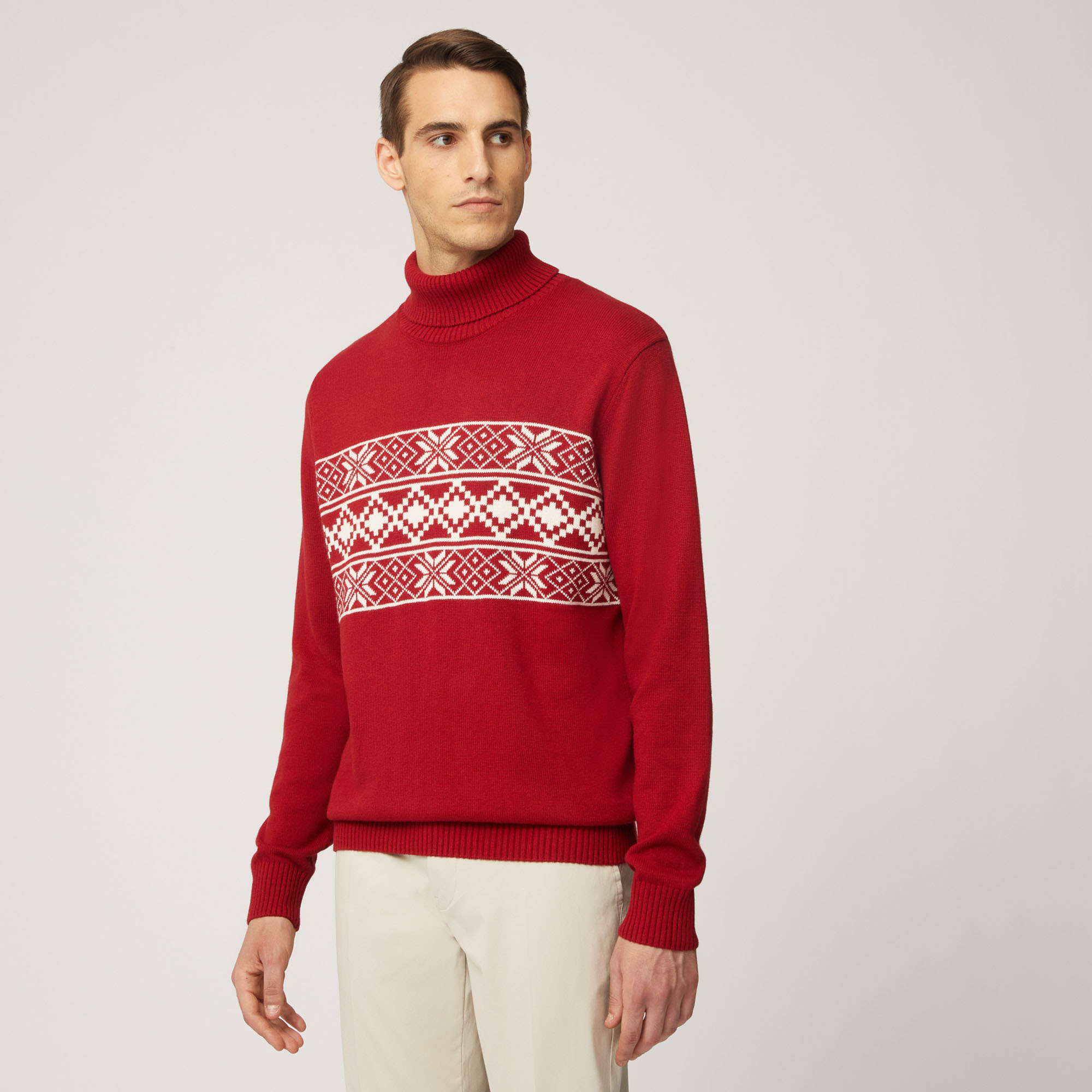 Dolcevita In Cotone E Lana Con Motivi Geometrici, Rosso, large image number 0