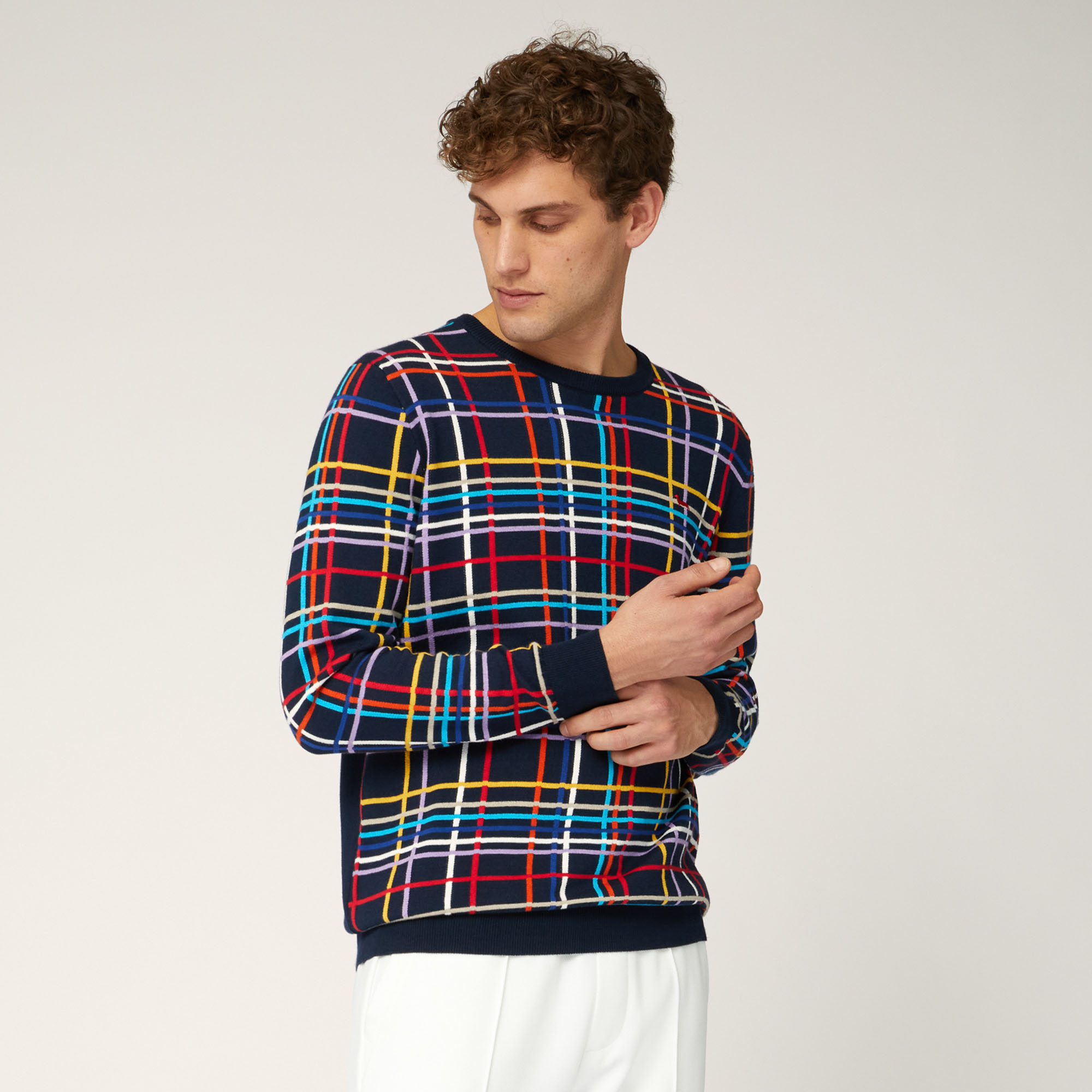 Jersey de algodón orgánico con cuello redondo y paneles de bloques de colores