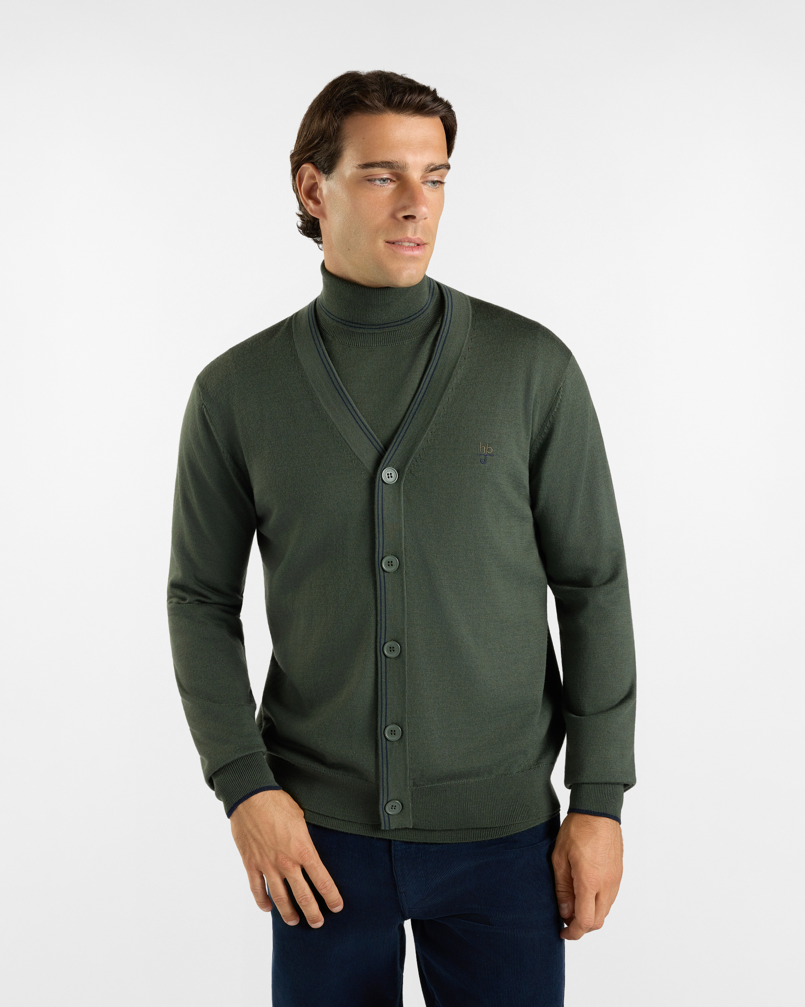 Cardigan HBJ Uomo in pura lana Merino, VERDE, large
