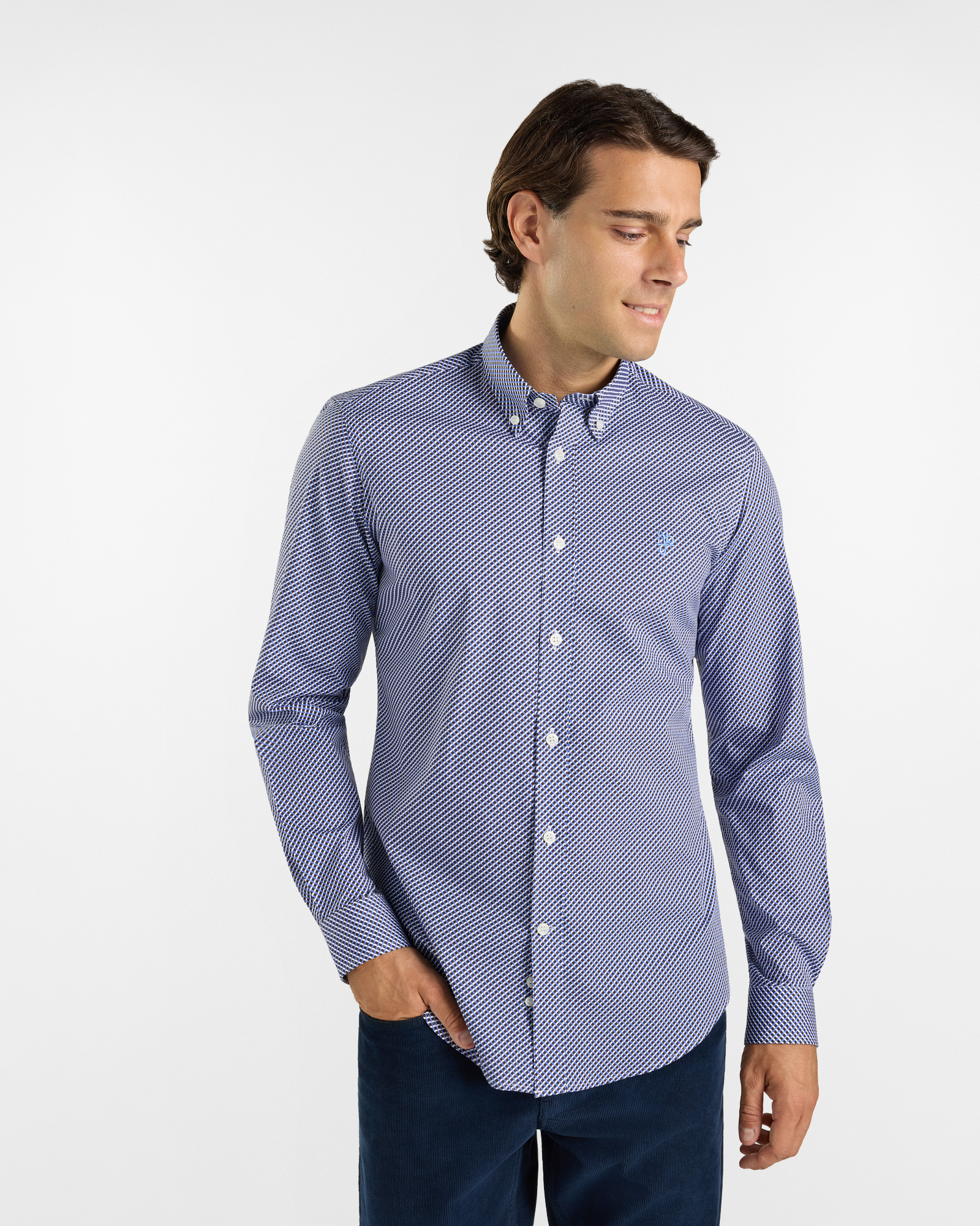 HBJ Men&rsquo;s Narrow Fit Shirt in light blue micro-print stretch cotton with a Monte Carlo collar