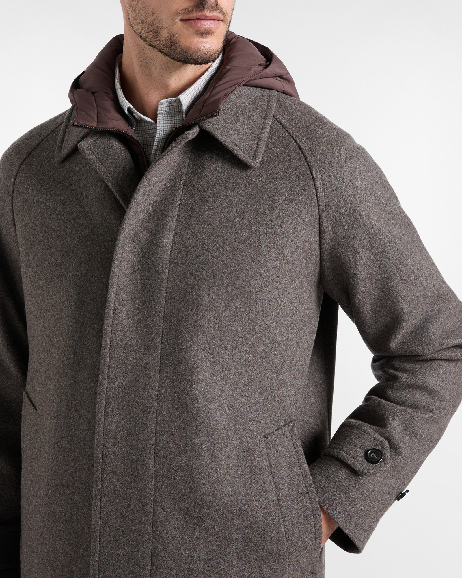 Men&rsquo;s Wool Coat with Removable Bib, DARK BROWN, large
