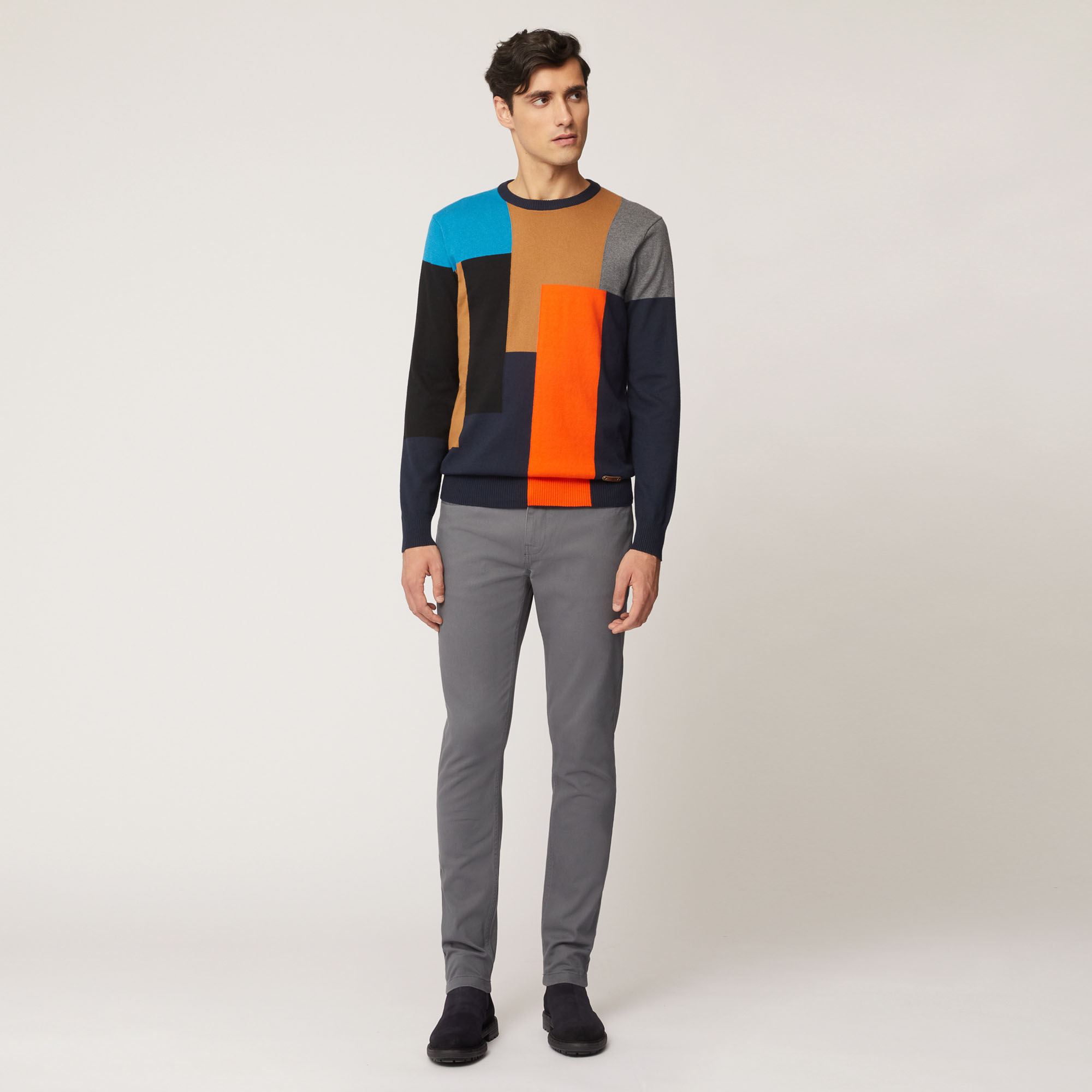 Pullover Girocollo In Cotone E Lana Effetto Color Block, Light Blue, large image number 3