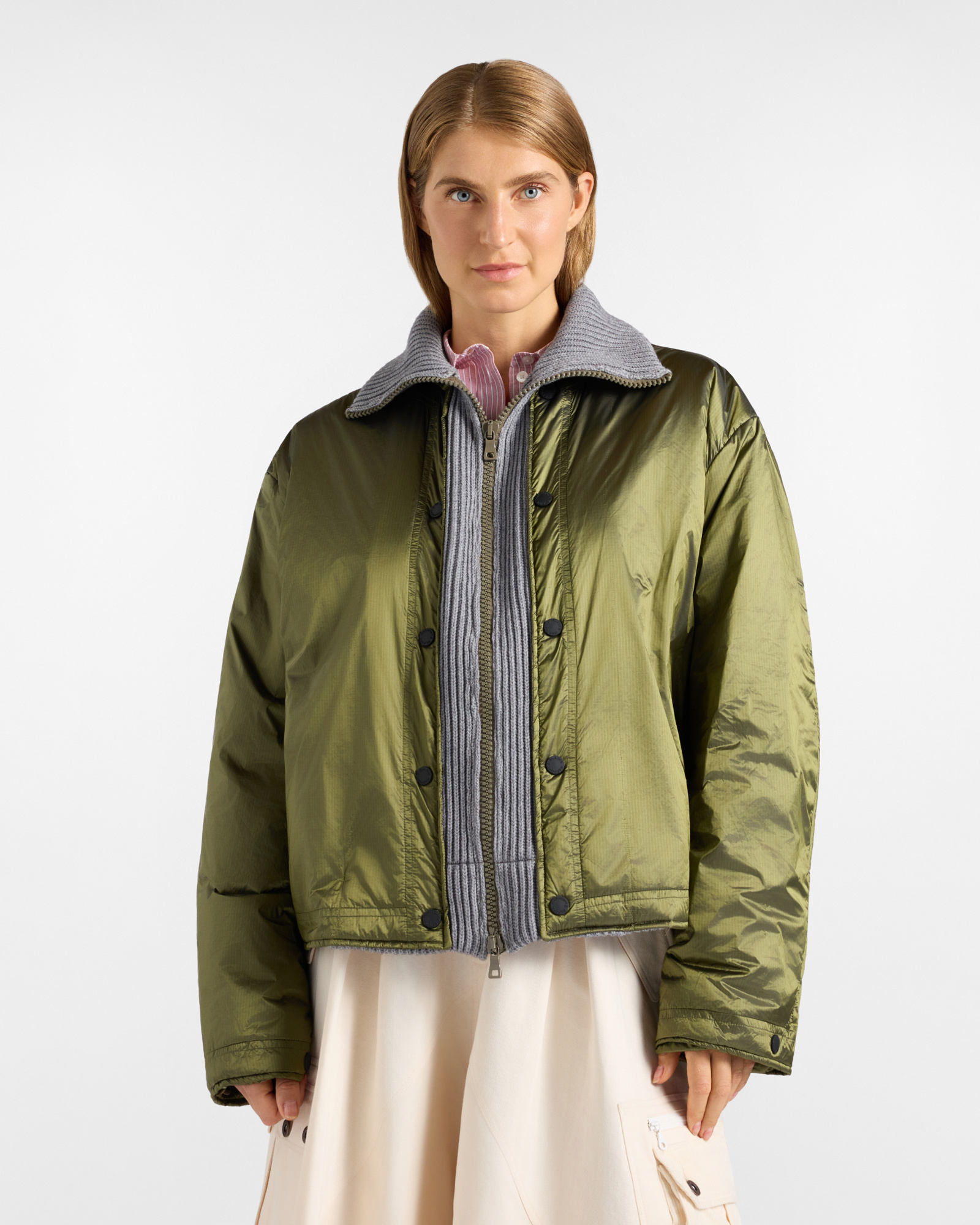 Re-Loved women&rsquo;s jacket with knitted inserts in sport green nylon, Made in Italy