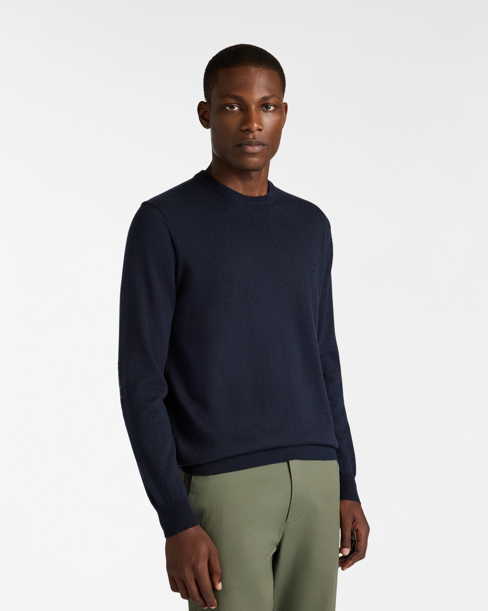 Maglione Girocollo con Toppe a Quadri, Blu Scuro, large