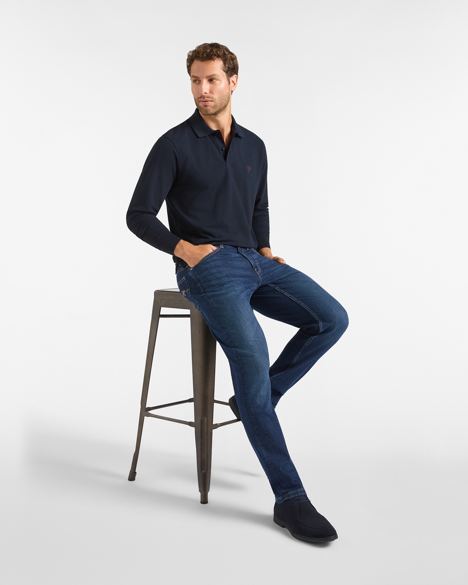 Polo HBJ Uomo Manica Lunga in Cotone Piquet, BLU SCURO, large image number 3
